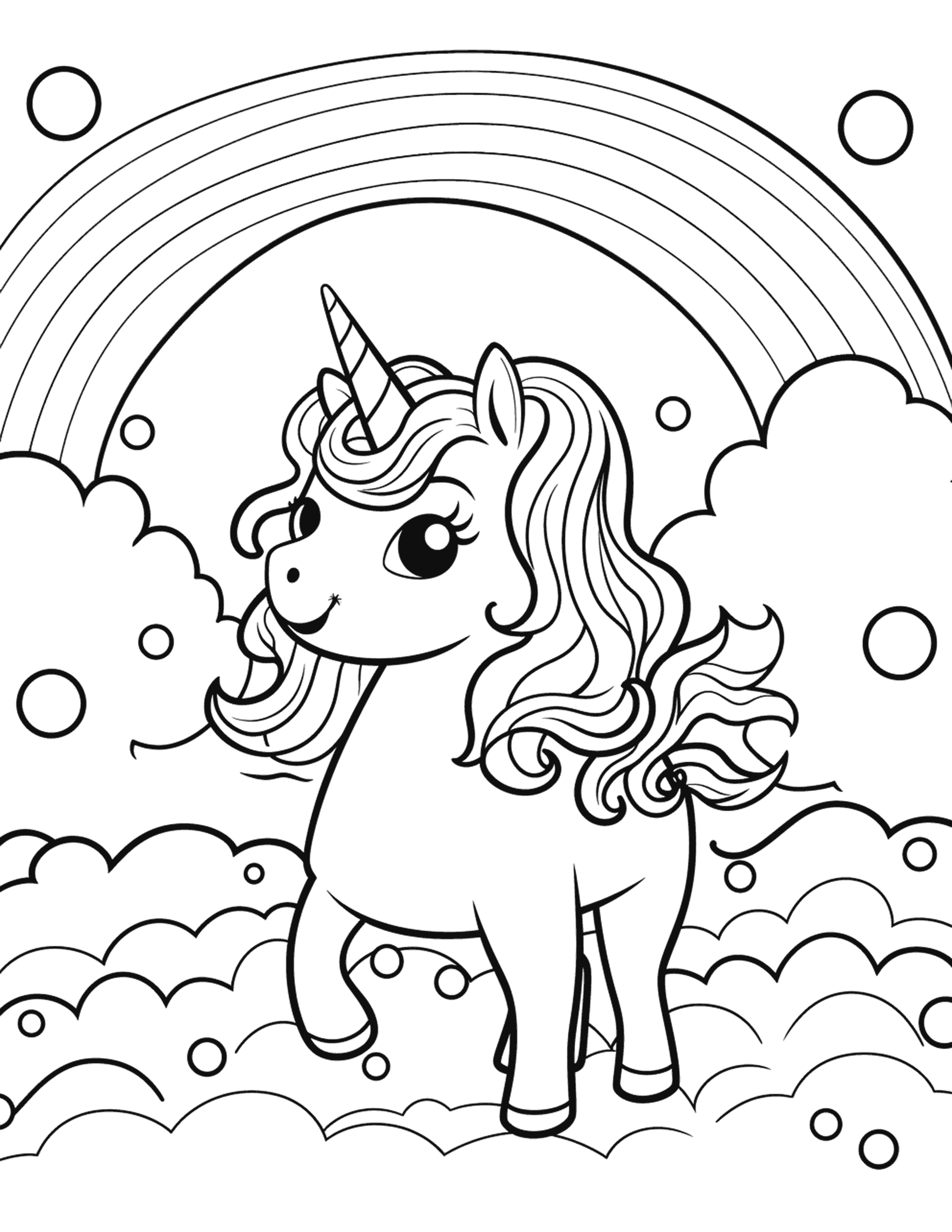 Baby unicorn on the clouds with rainbow coloring page