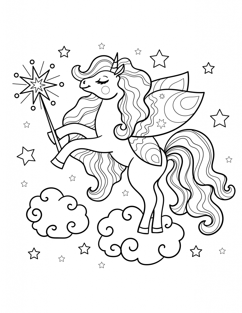 Fairy unicorn with a magic wand coloring page