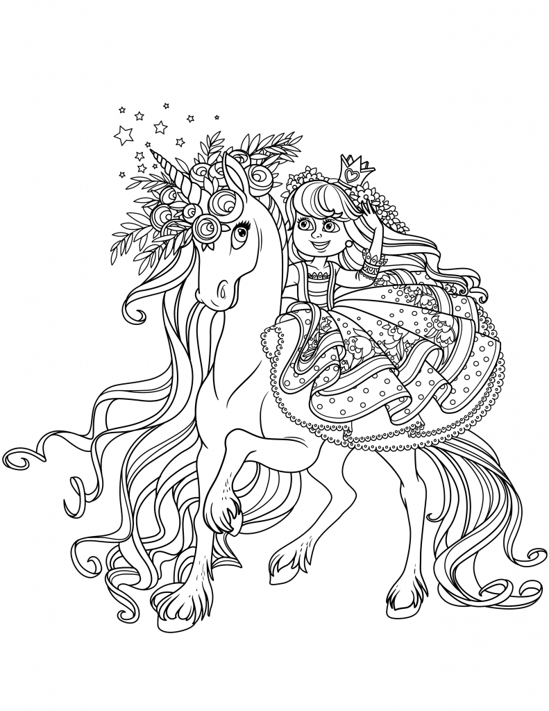 A princess on a unicorn coloring page