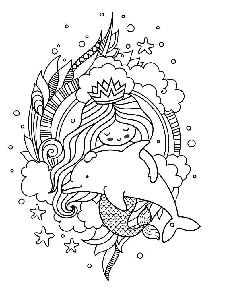 Adorable fantasy mermaid holding a dolphin coloring page