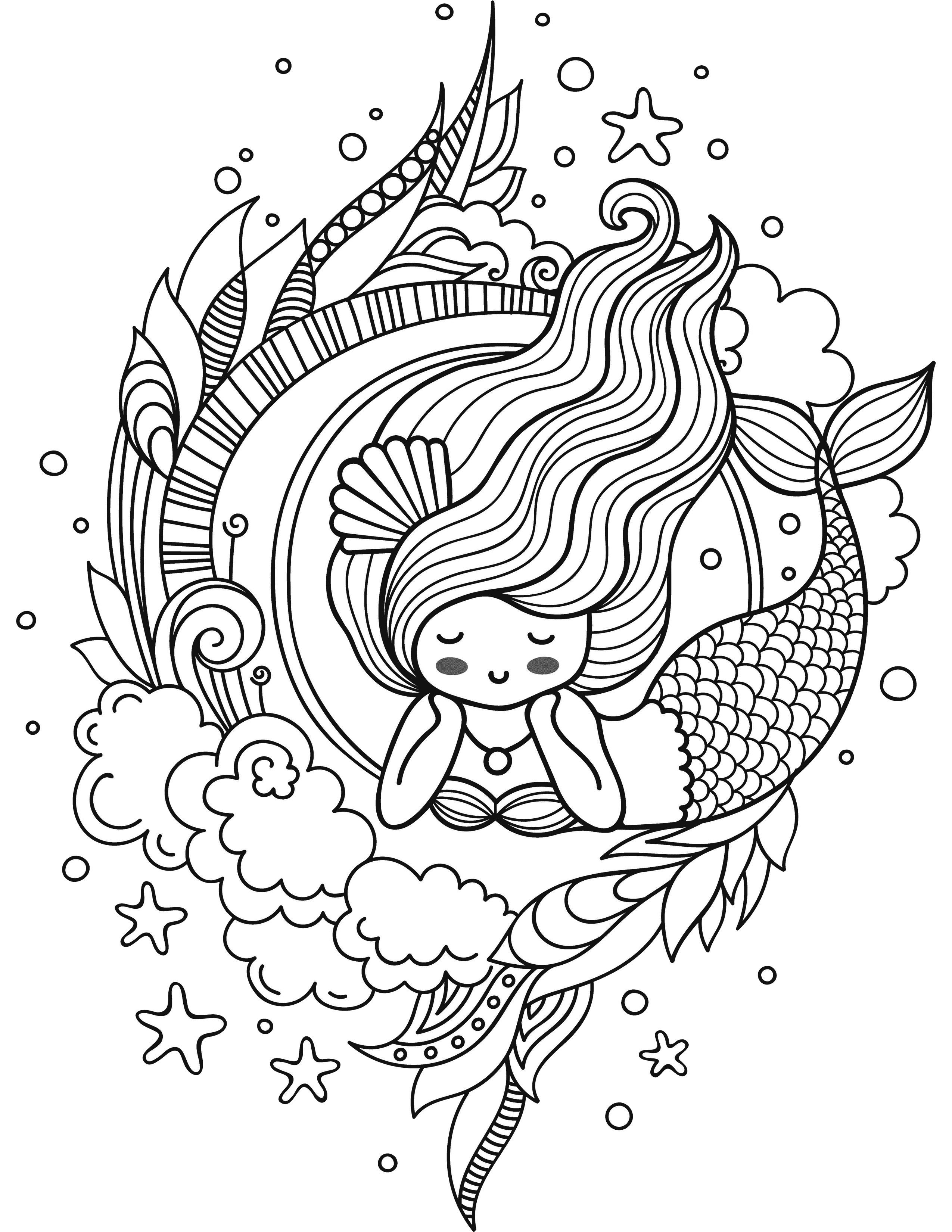 Adorable fantasy mermaid coloring page