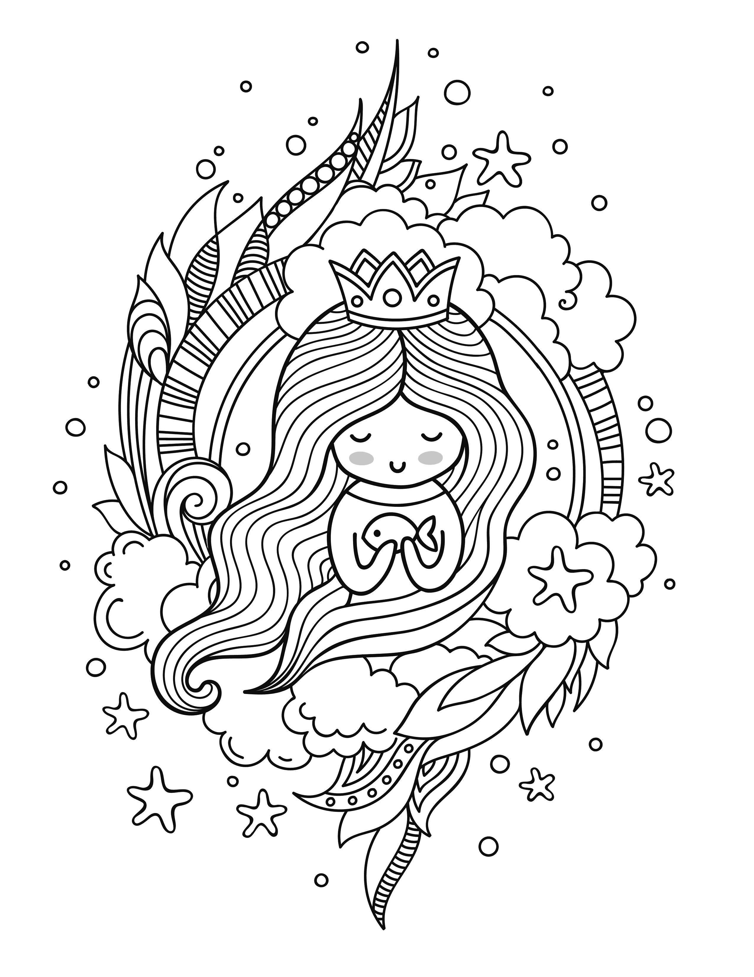 Adorable fantasy sleeping mermaid coloring page