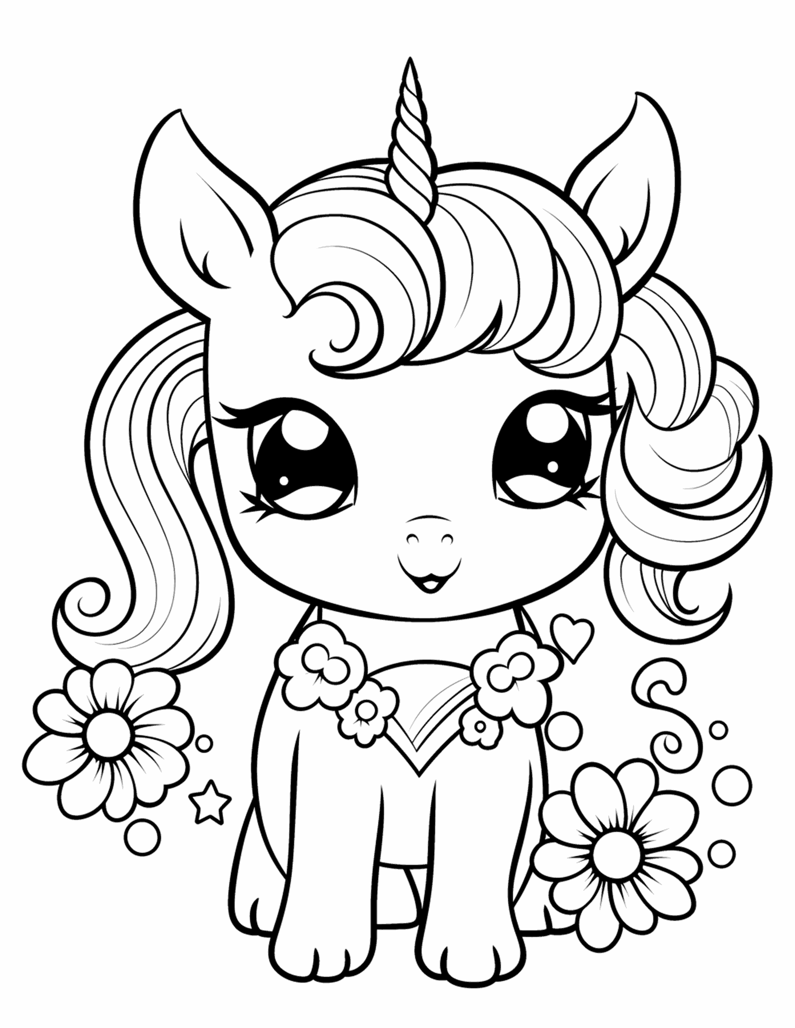 Baby unicorn surrounded with flowers coloring page