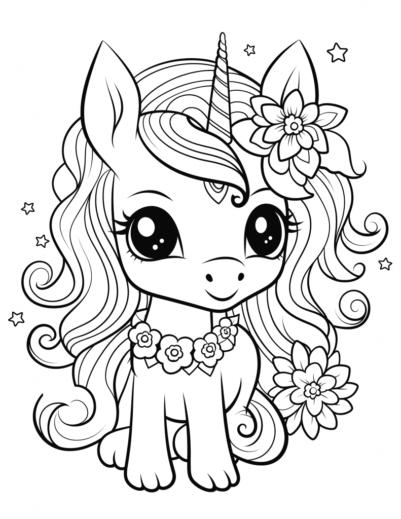 Baby unicorn with flower necklace and headdress coloring page