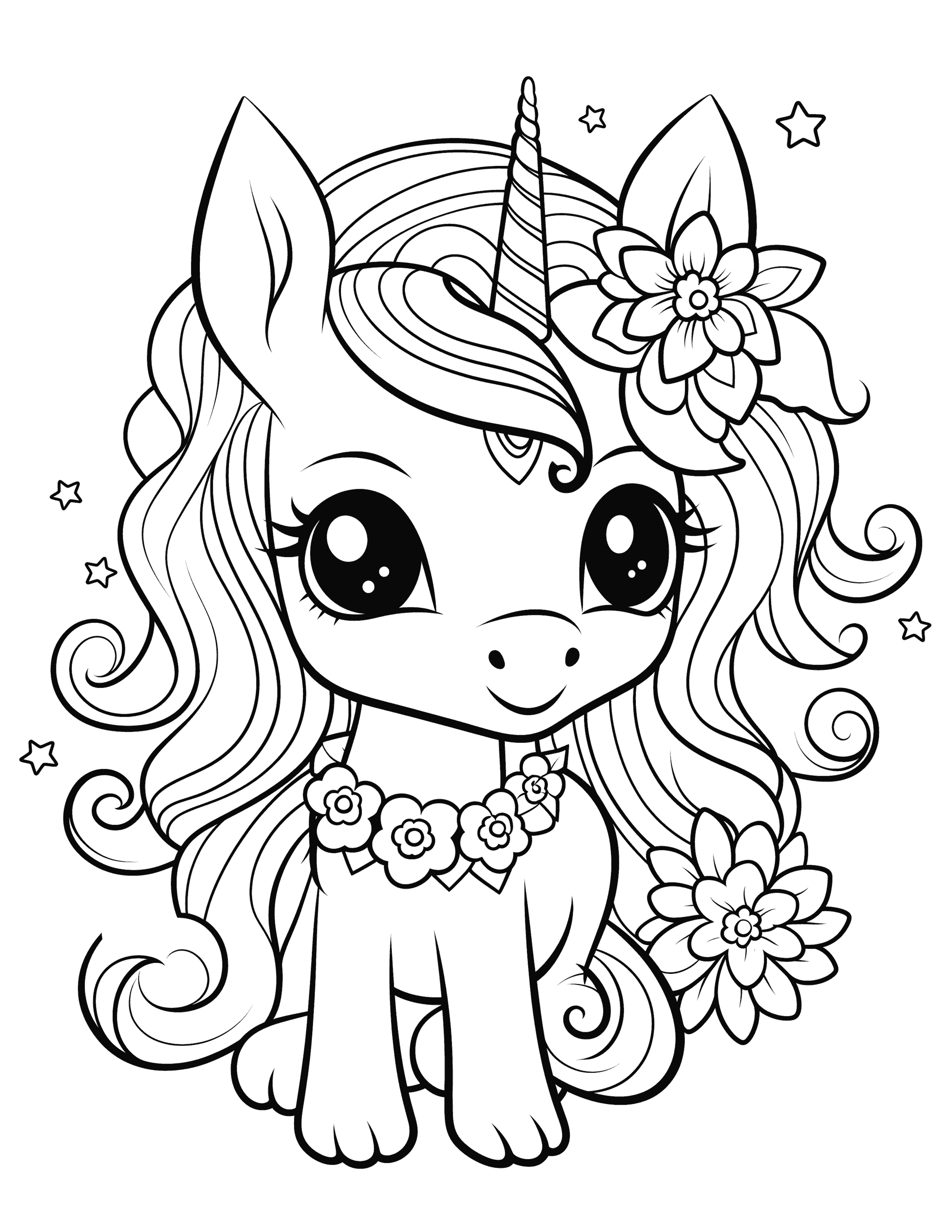 Baby unicorn with flower necklace and headdress coloring page