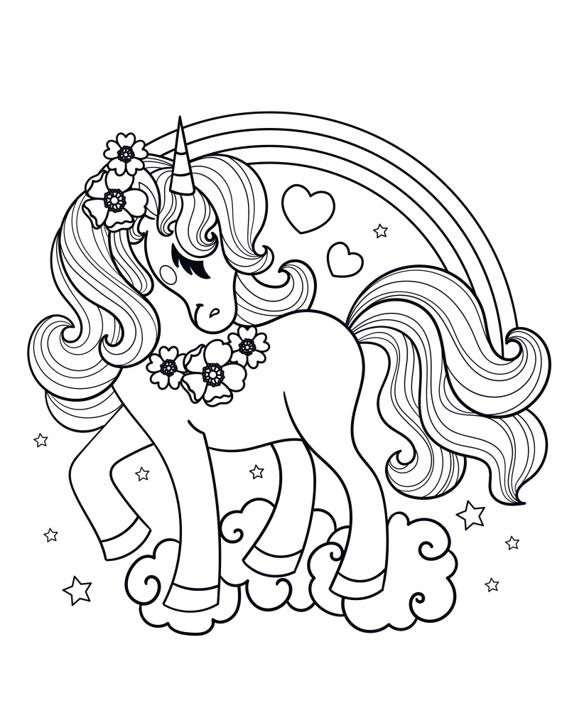 Beautiful unicorn with a rainbow coloring page