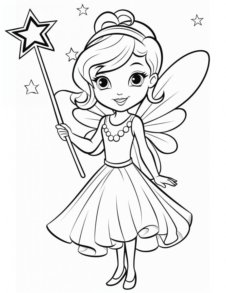 Cute fairy and a star magic wand coloring page