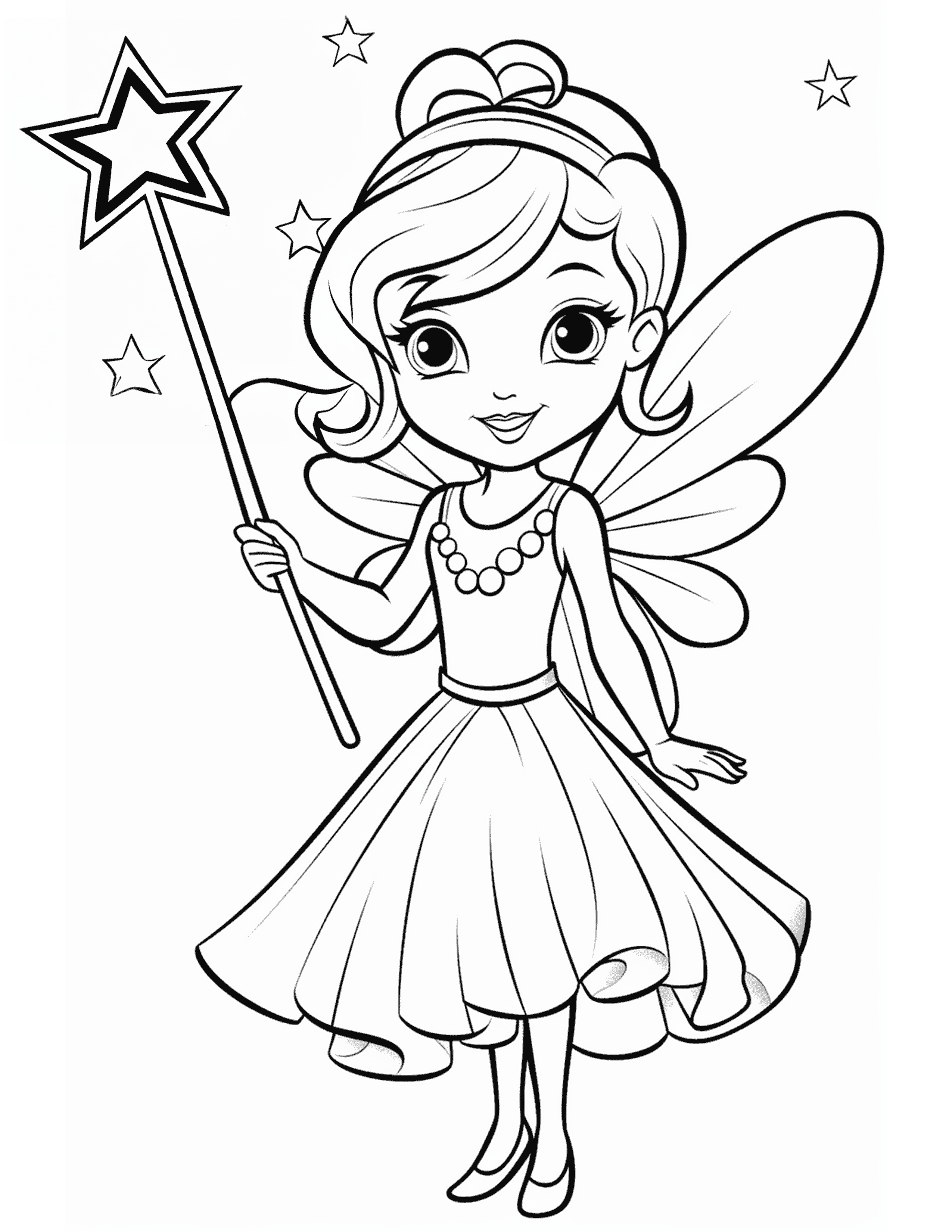 Cute fairy and a star magic wand coloring page