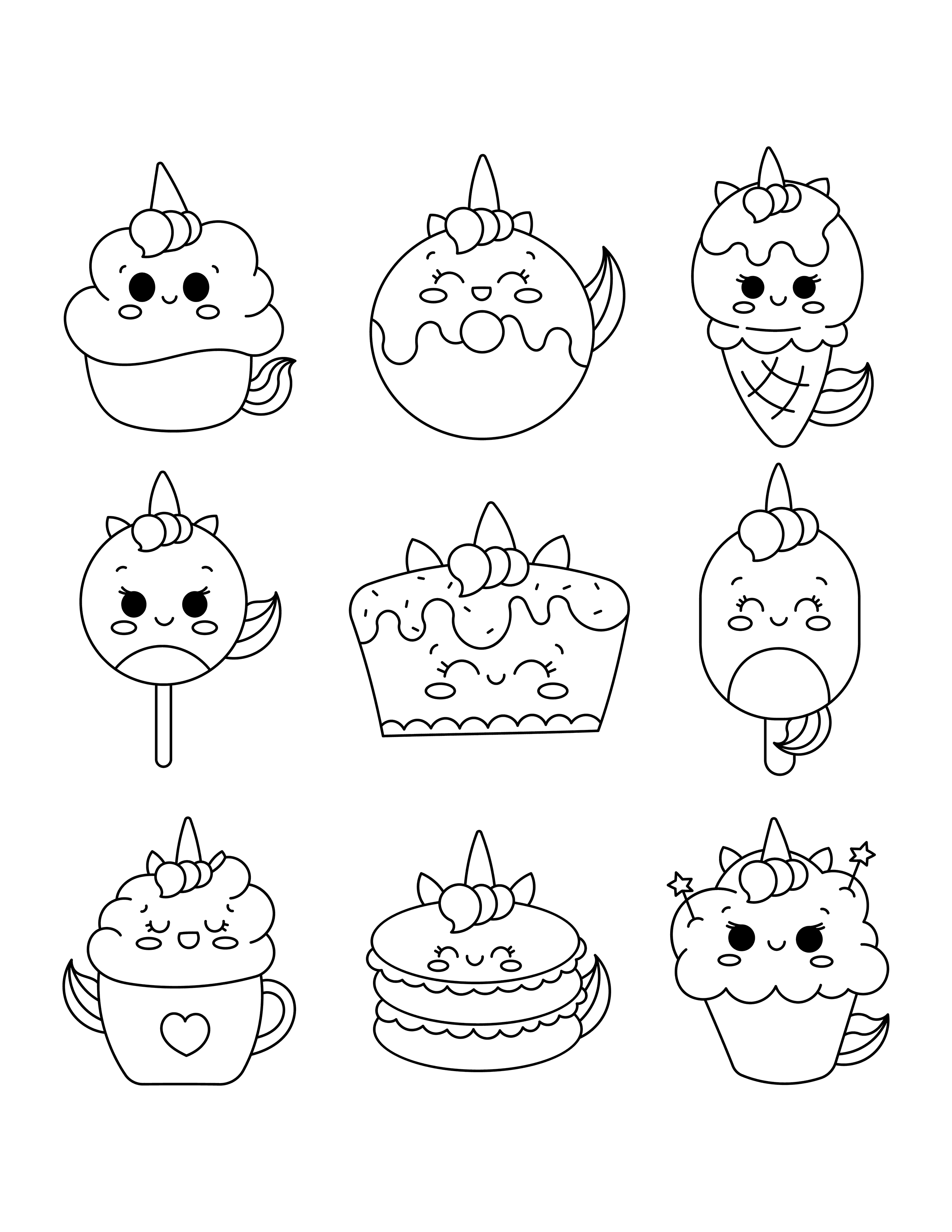 Cute food unicorn coloring page