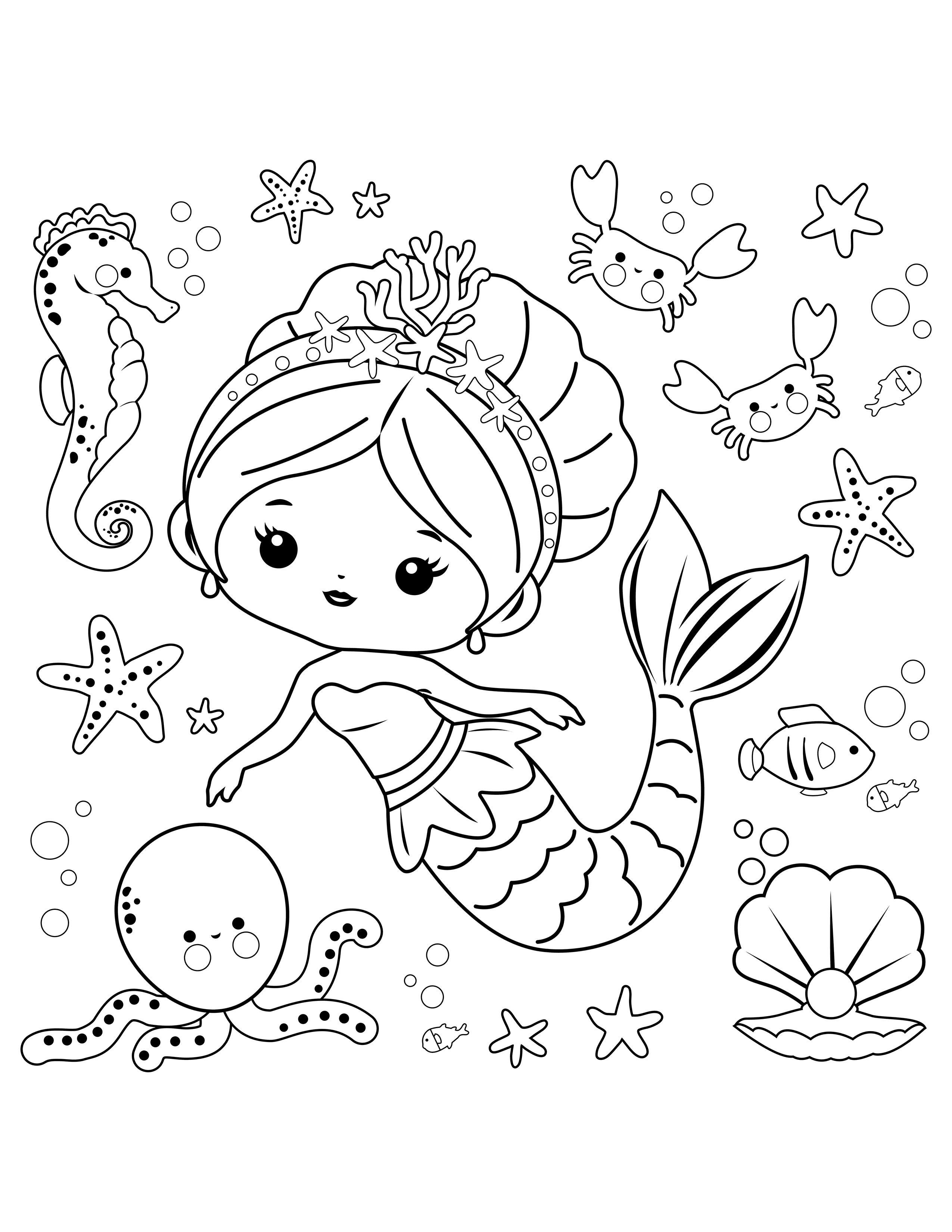 Cute little mermaid with hair up and seahorse coloring page