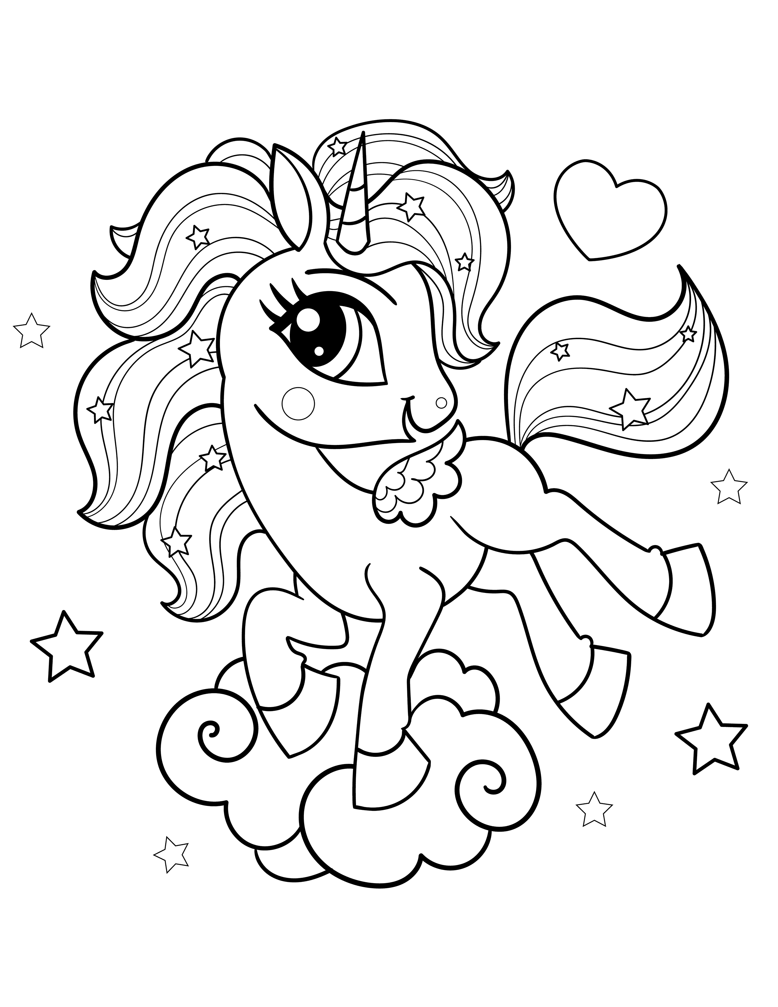 Cute unicorn kicking on the clouds coloring page