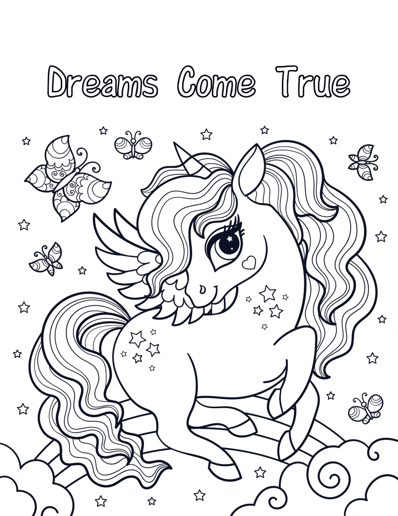 Dreams come true unicorn coloring page