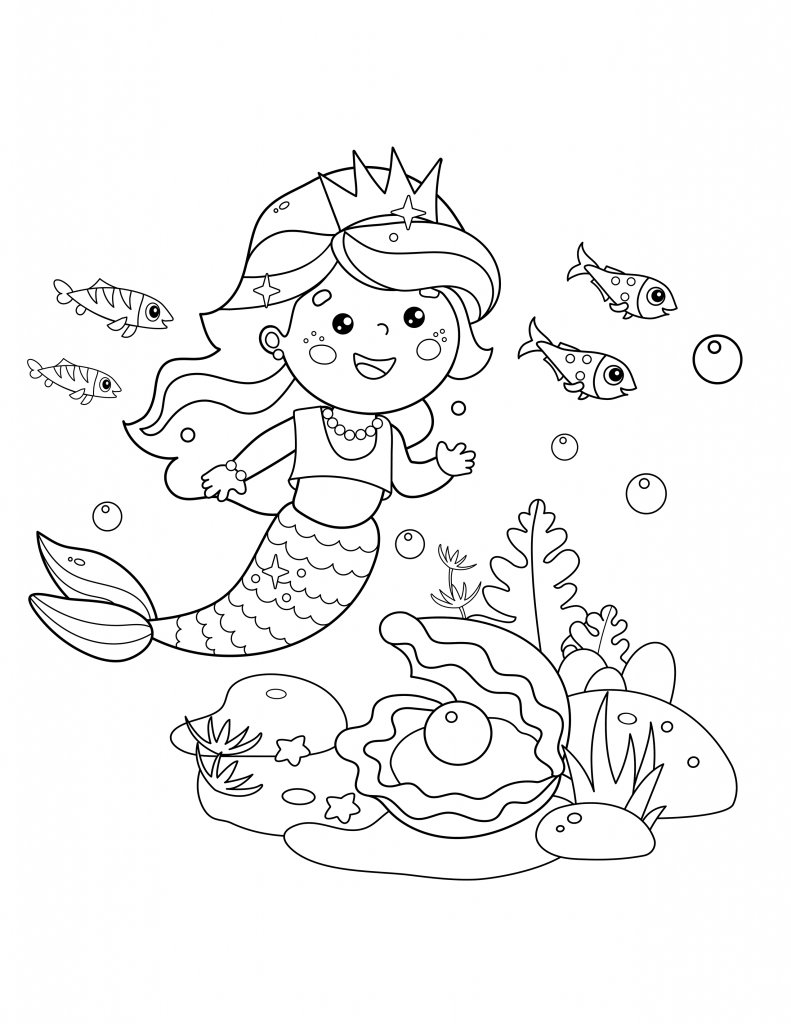 Easy to color little mermaid for kids coloring page