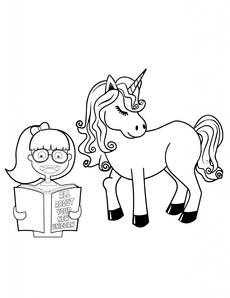 Girl reading all about unicorn coloring page