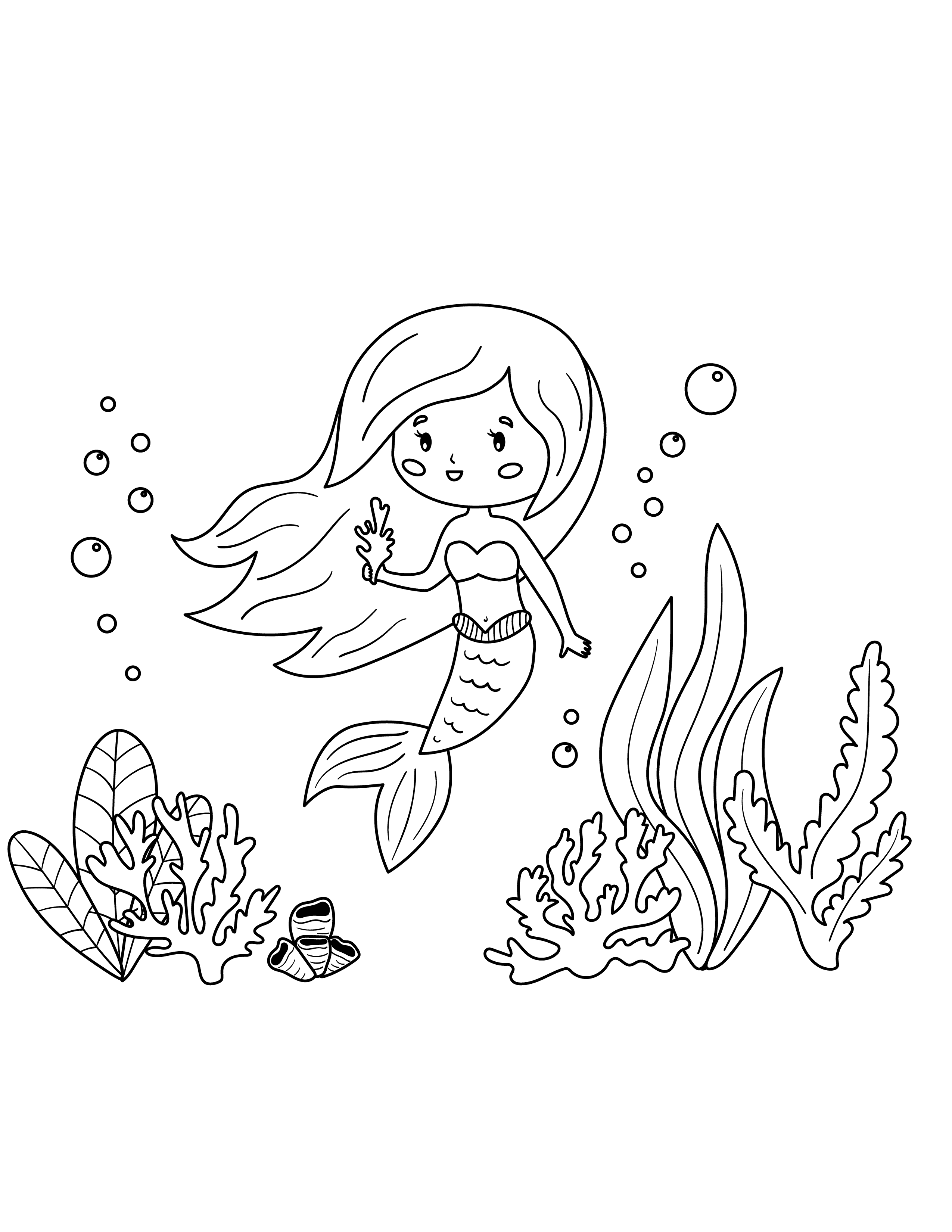 Little mermaid and seaweed coloring page