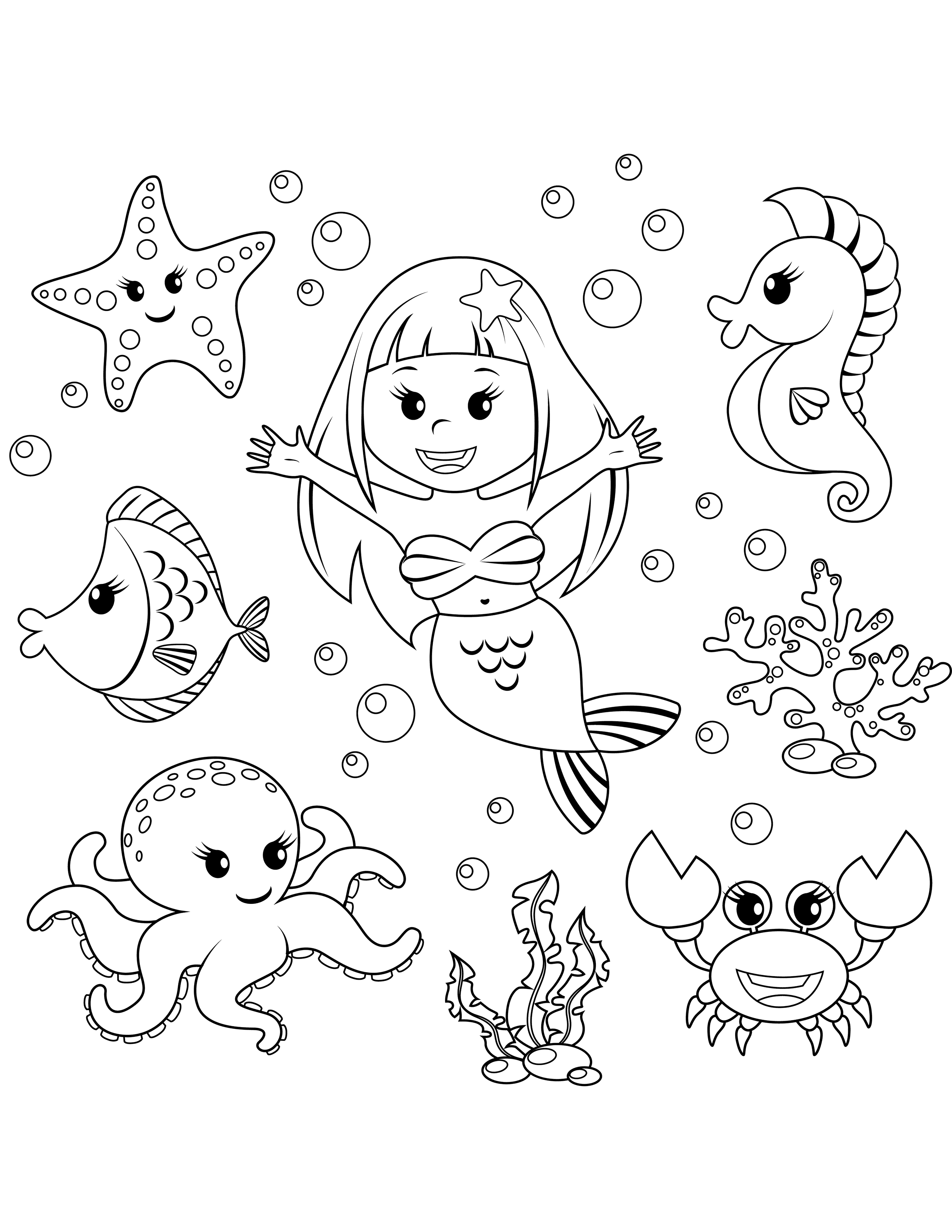 Little mermaid surrounded by sea creatures coloring page