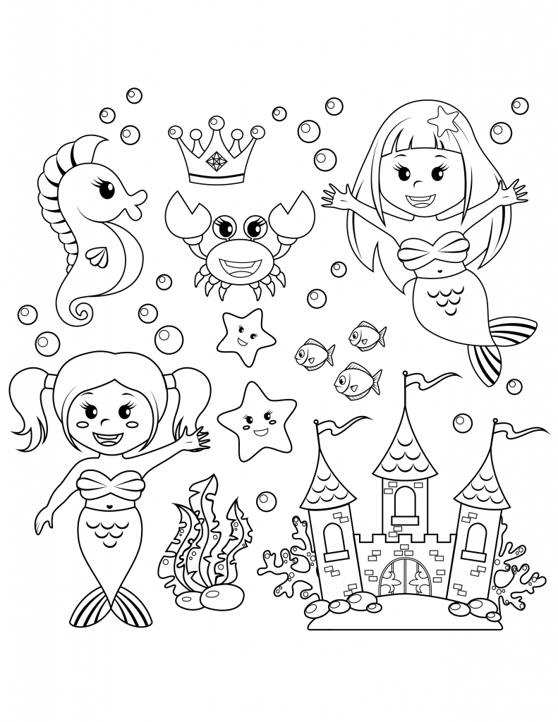 Little mermaid with friends and castle coloring page