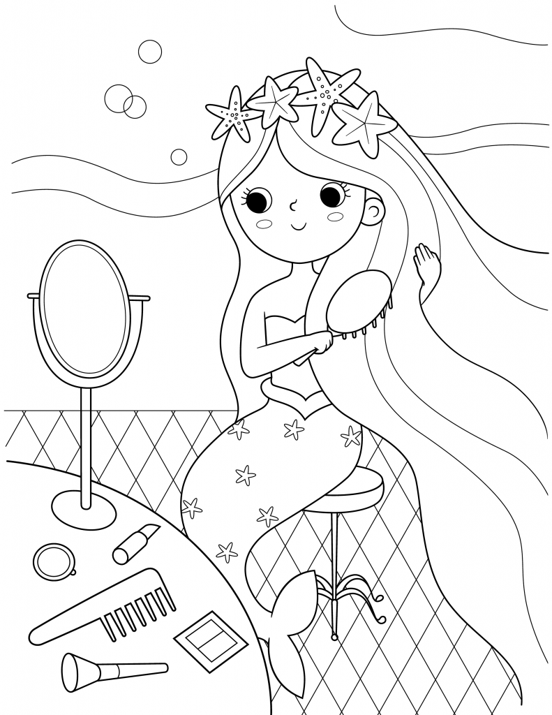 Mermaid brushing hair coloring page