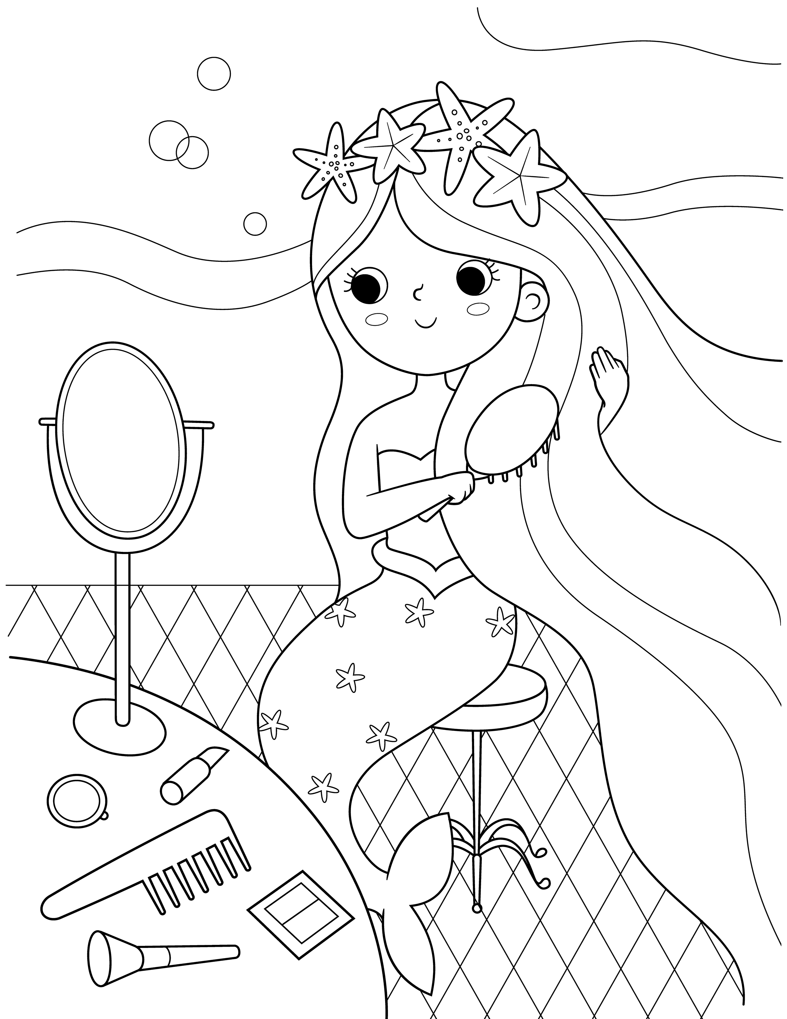 Mermaid brushing hair coloring page