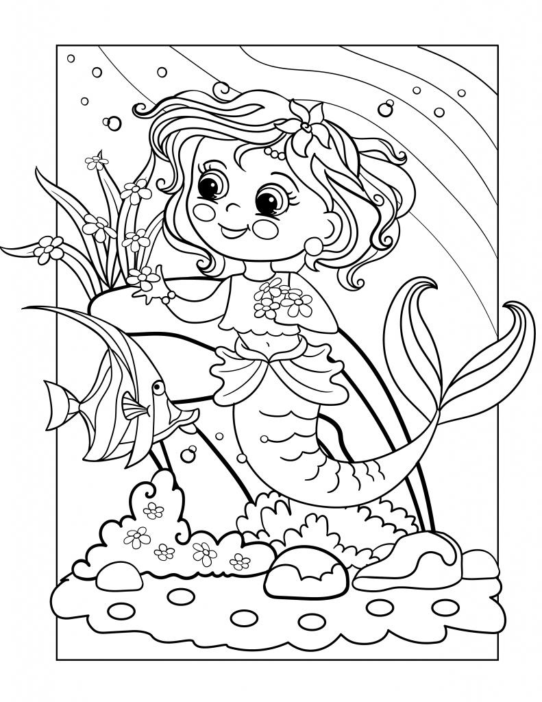 Mermaid feeding a fish with flower coloring page