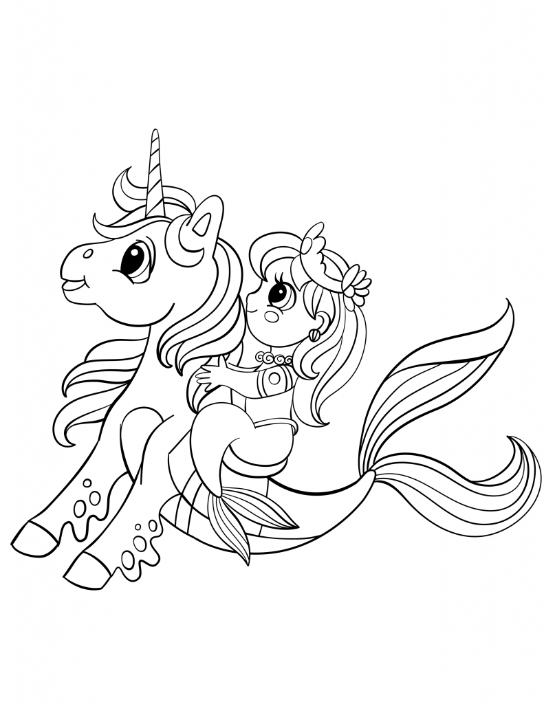 Mermaid riding a unicorn coloring page