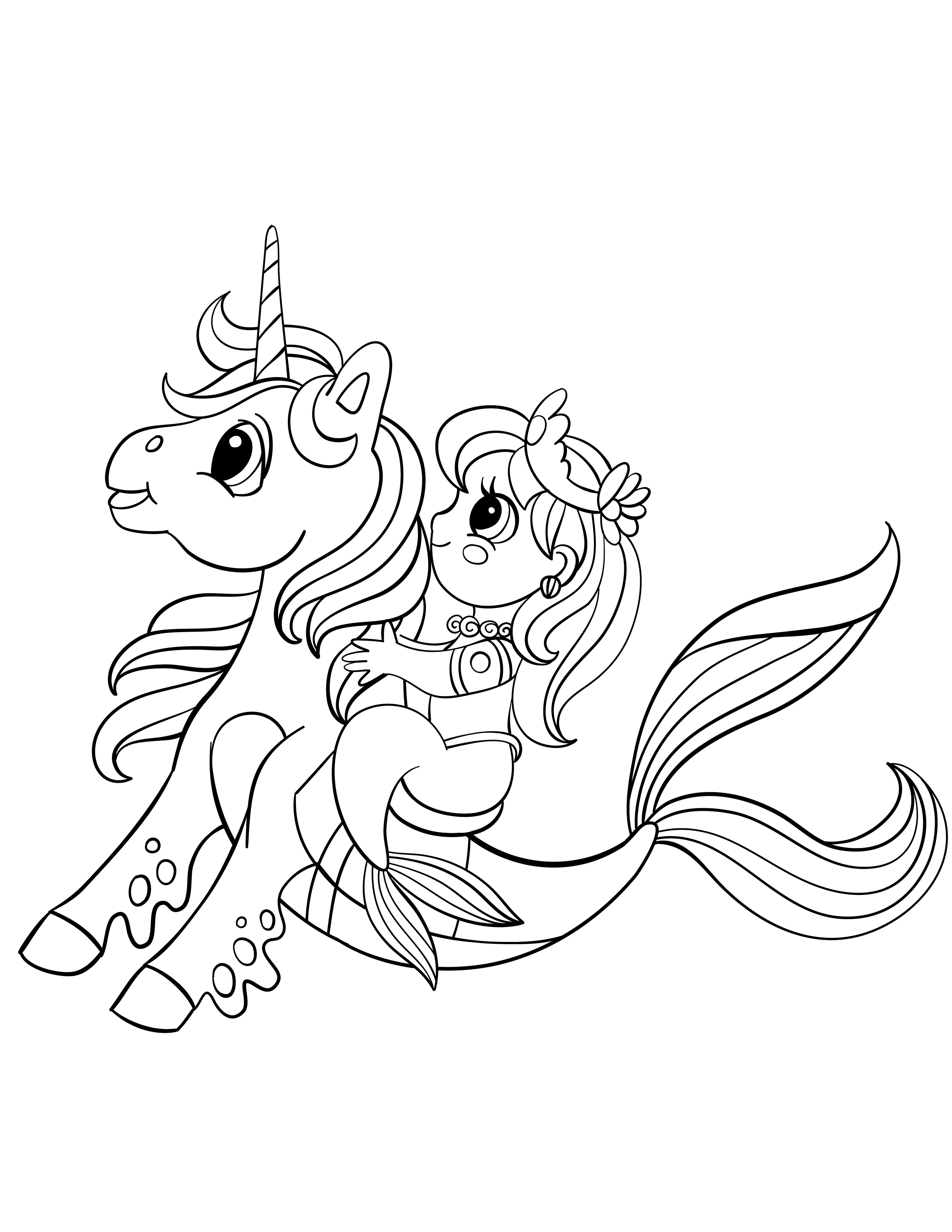 Mermaid riding a unicorn coloring page