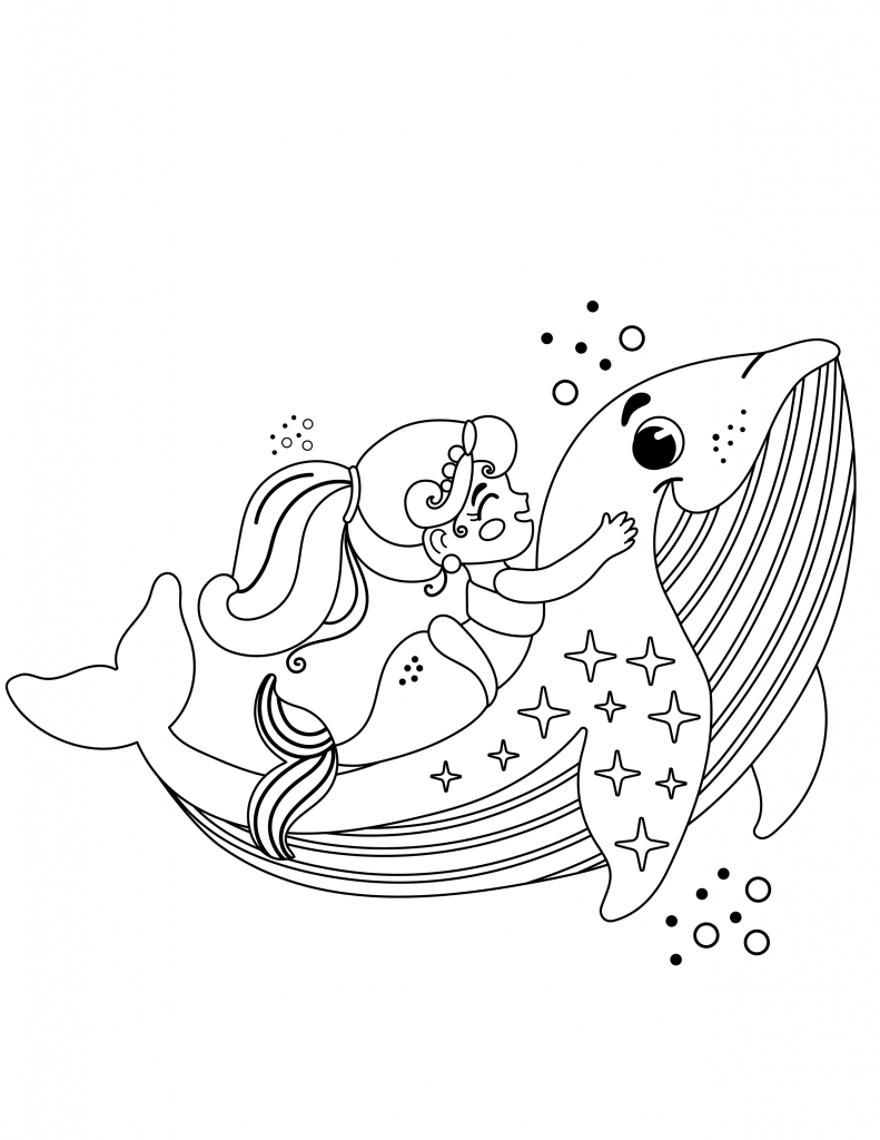 Mermaid riding a whale coloring page