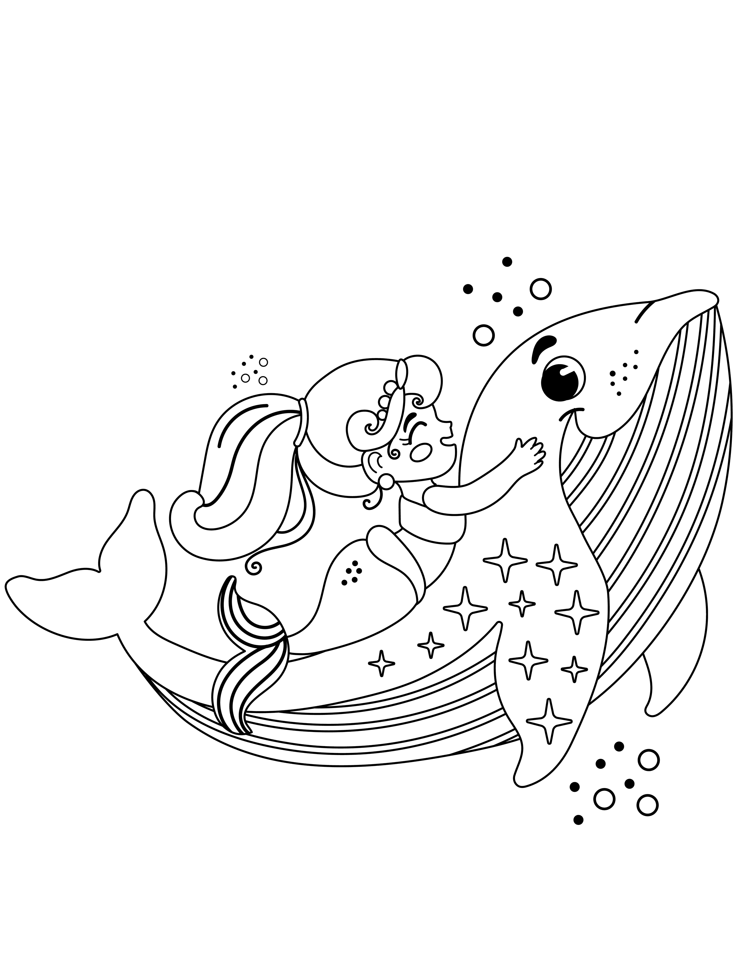 Mermaid riding a whale coloring page