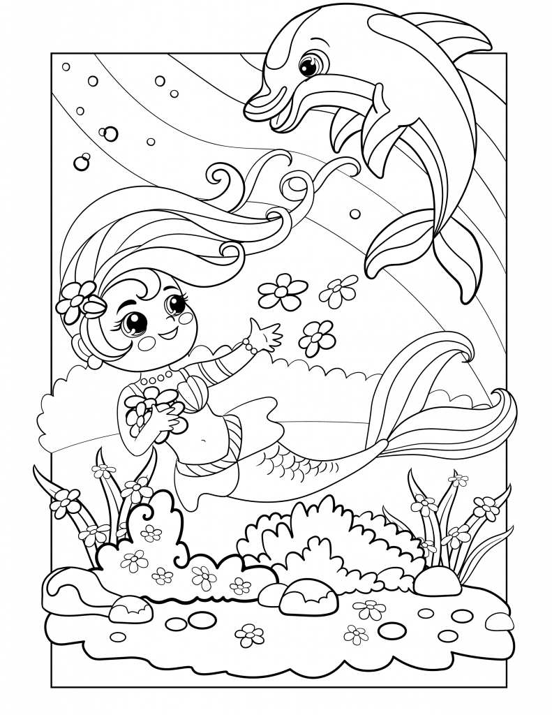 Mermaid with a dolphin coloring page