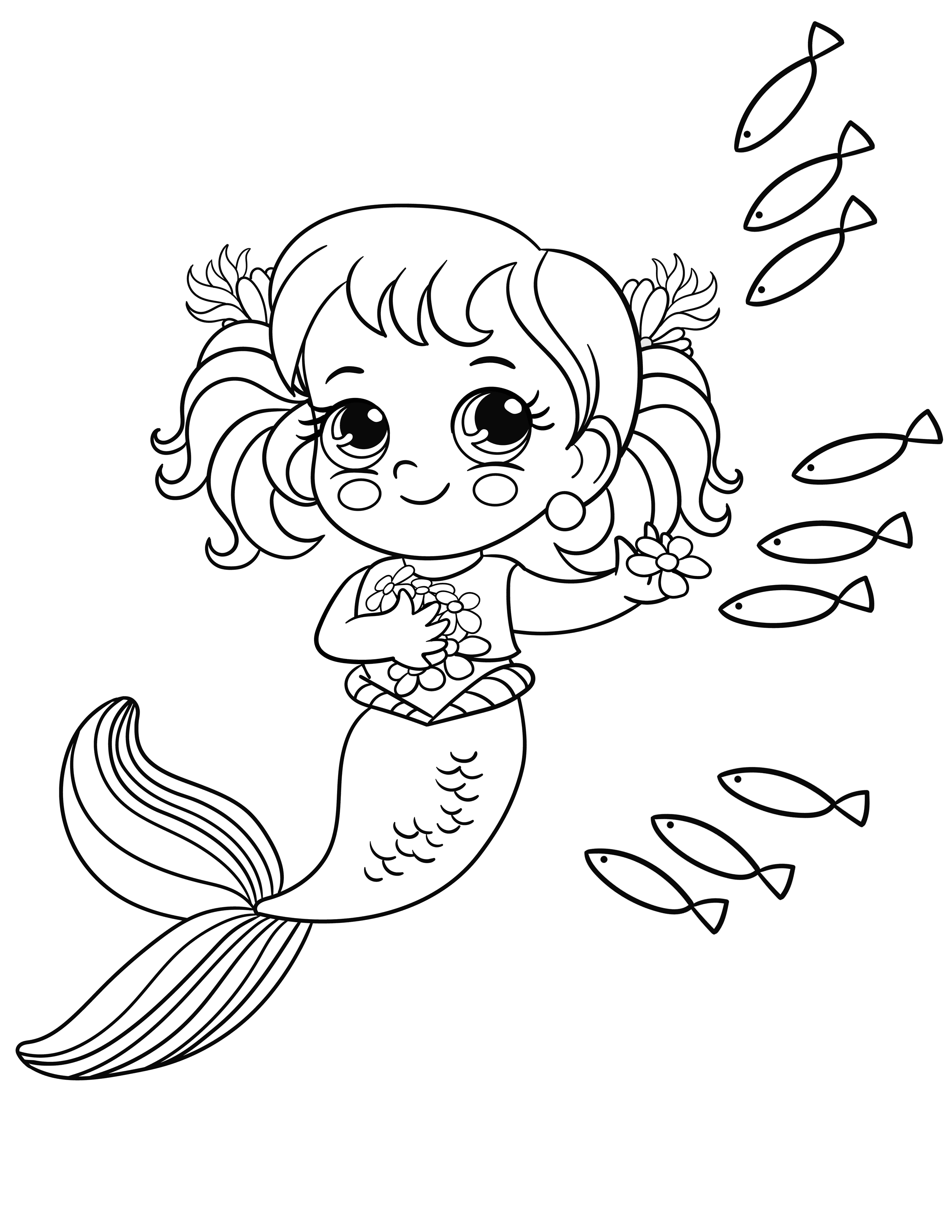 Mermaid with a pool of fish coloring page