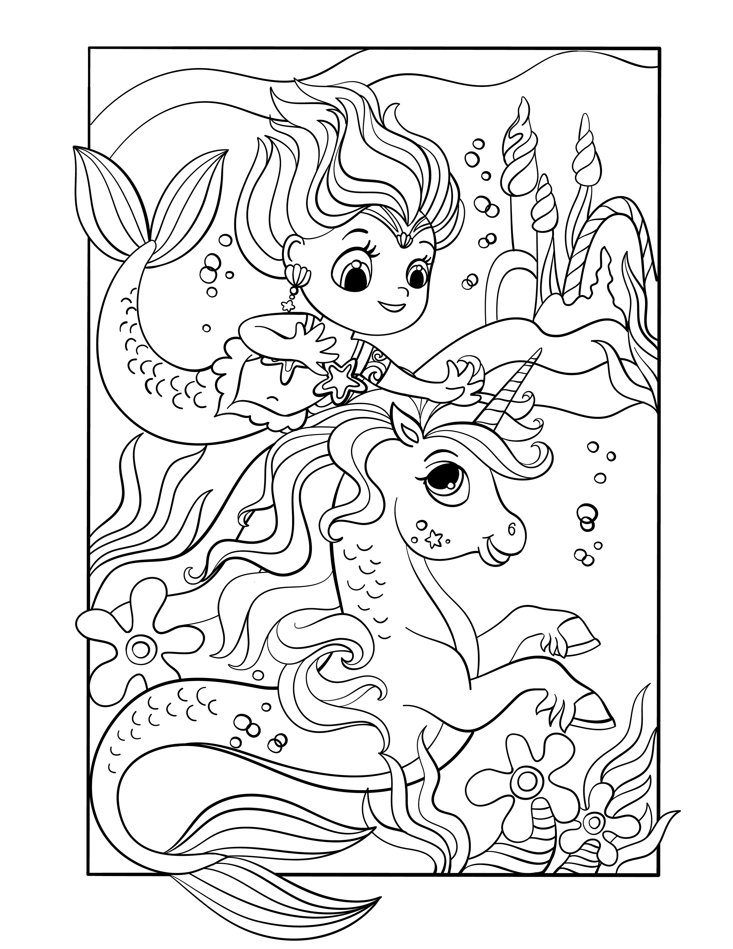 Mermaid with a unicorn mermaid coloring page