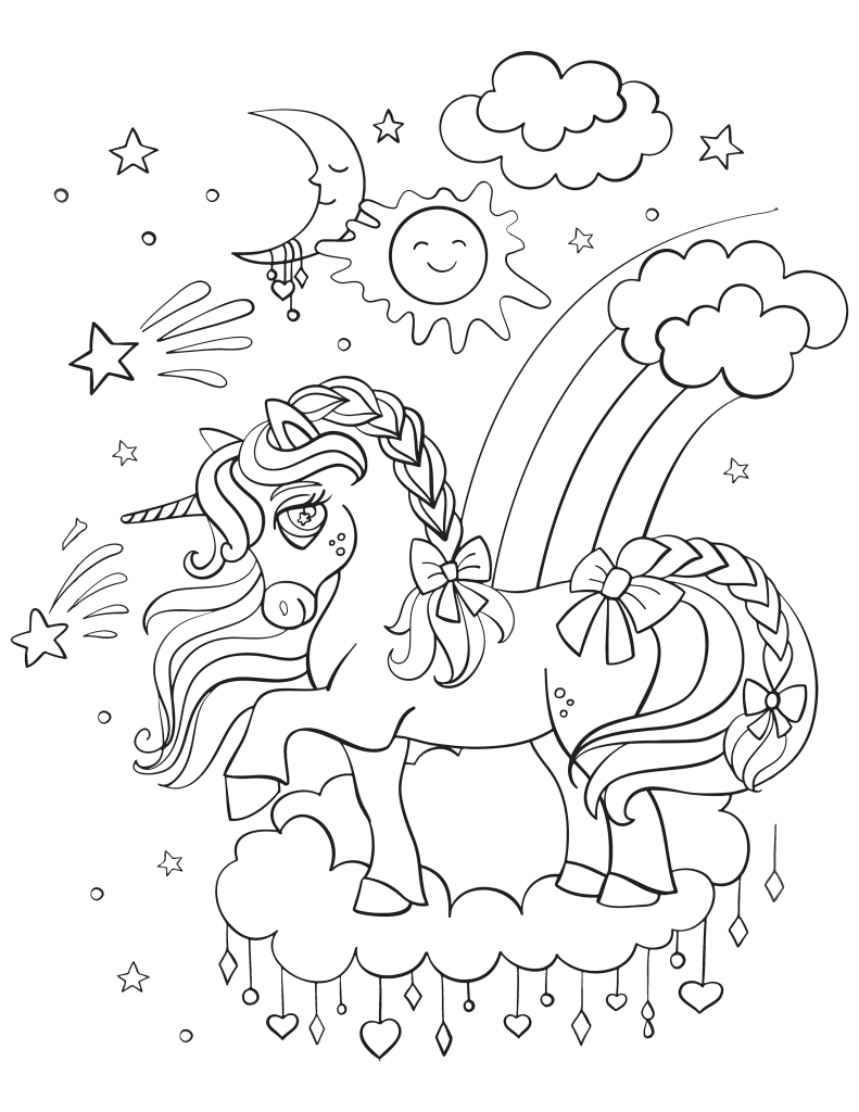 Meteors and unicorn coloring page