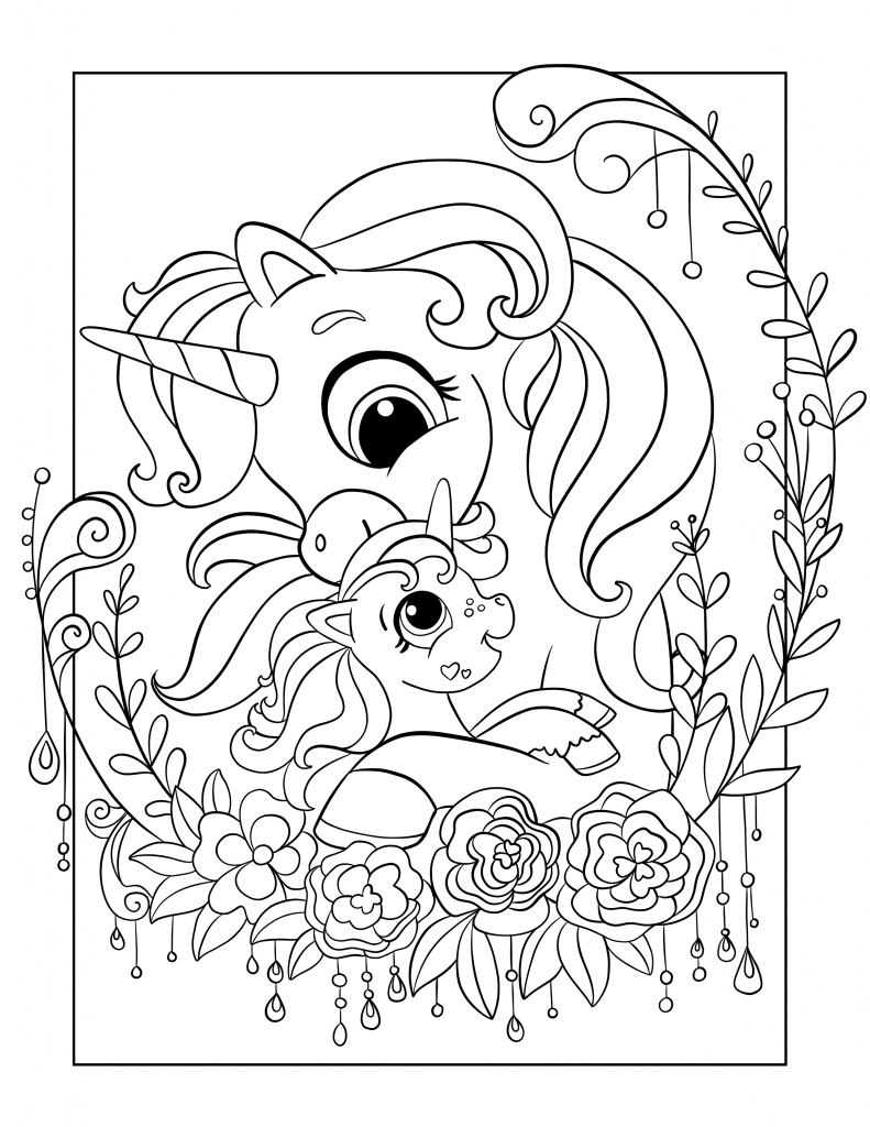 Mother and baby unicorn coloring page