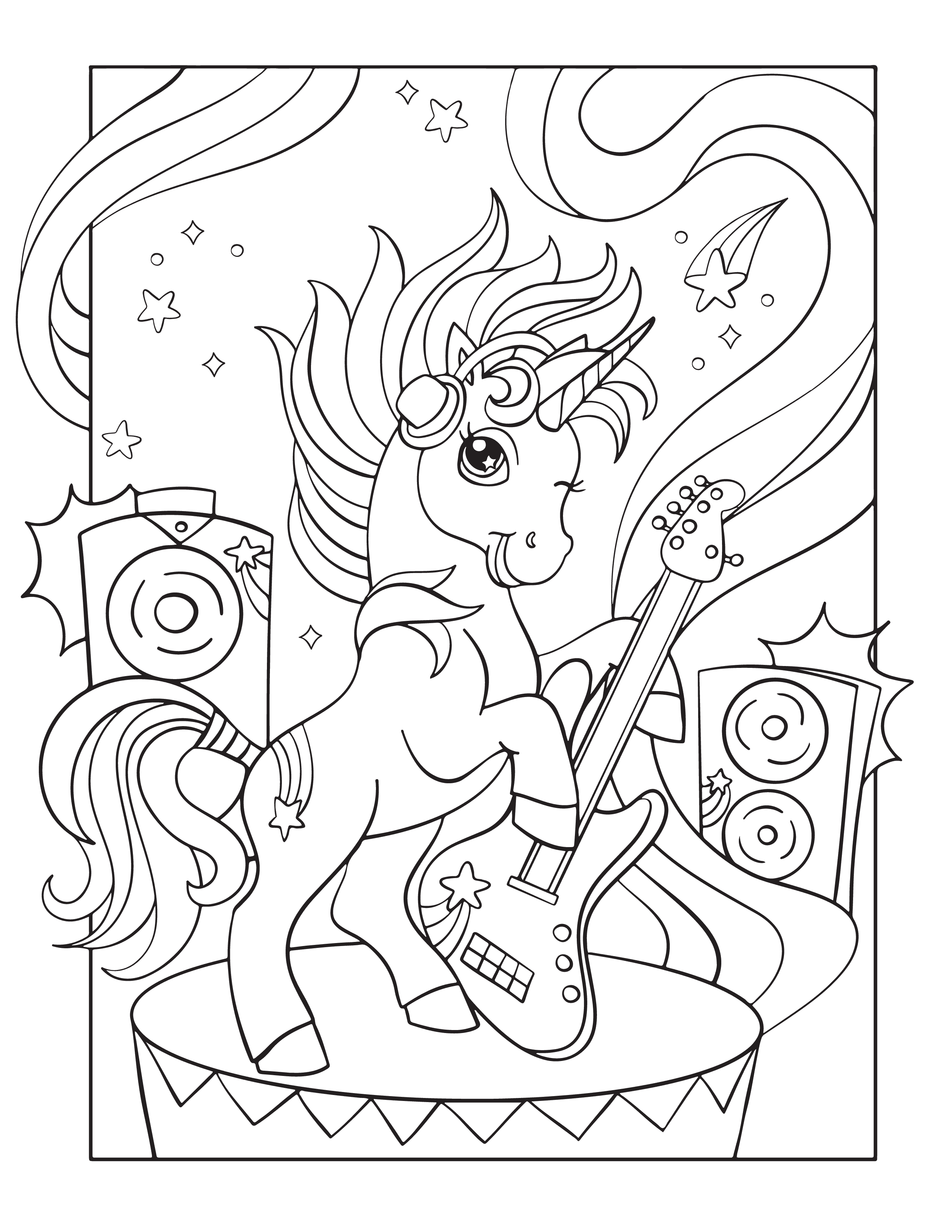 Rockstar unicorn with guitar coloring page