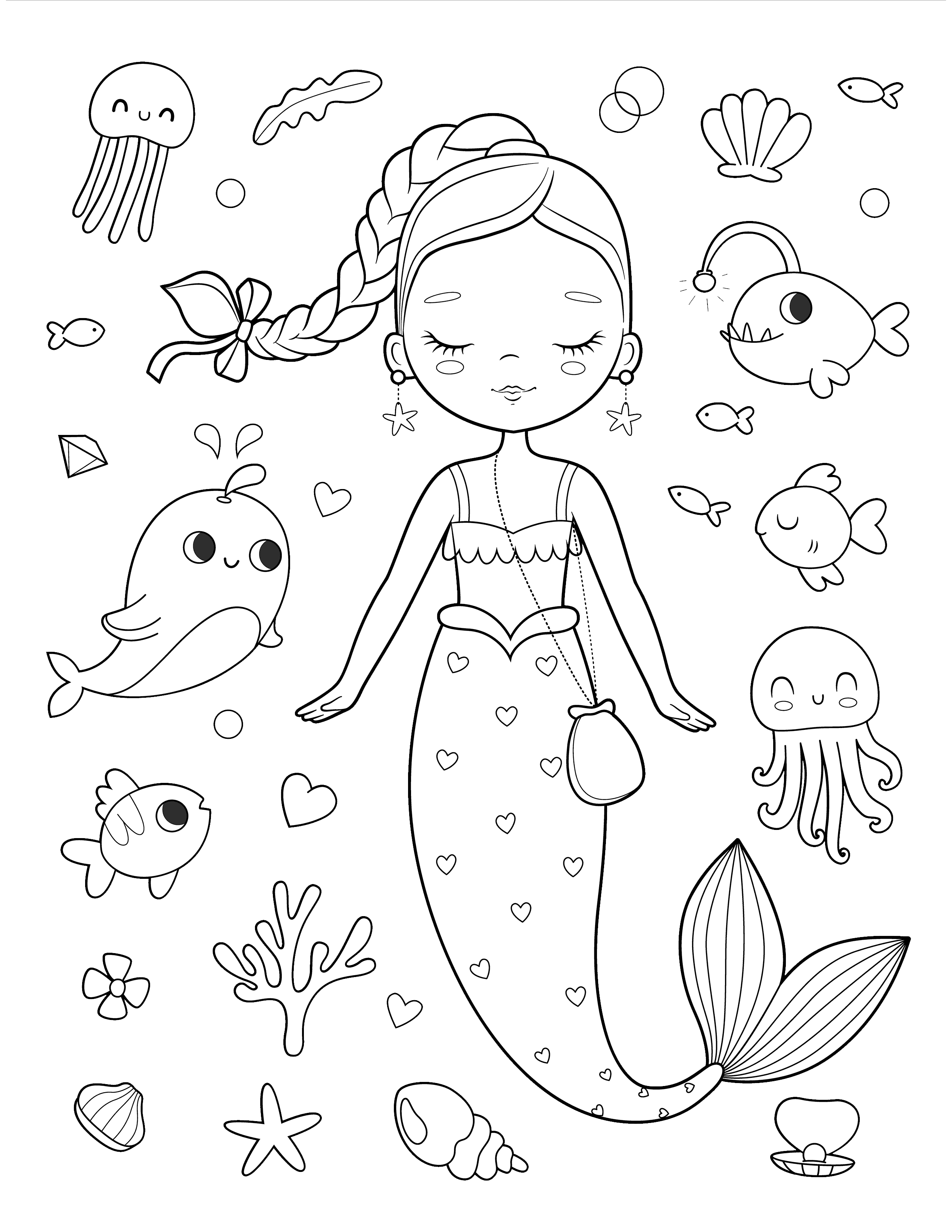 Sleeping mermaid with sea creatures coloring page