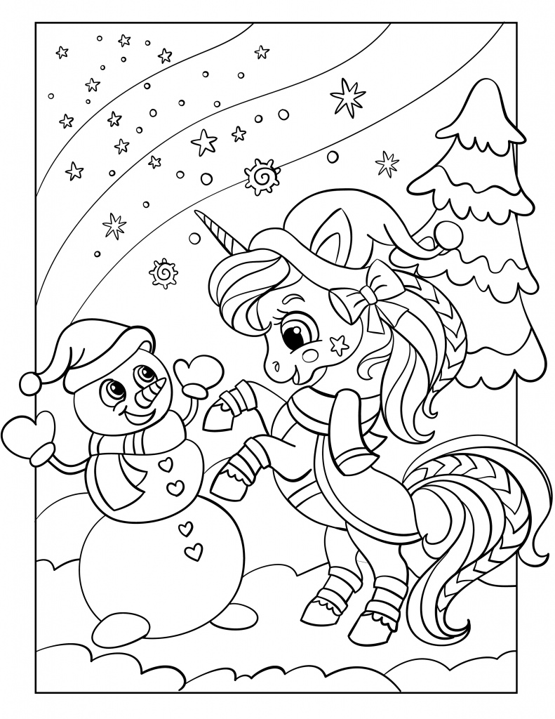 Snowman and unicorn coloring page