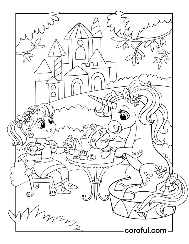 Tea party with a unicorn coloring page