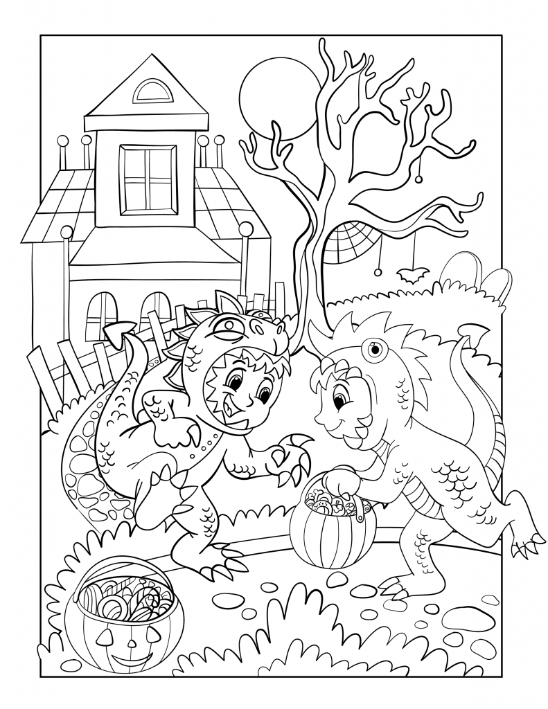 Trick or treat dinosaur costume coloring page