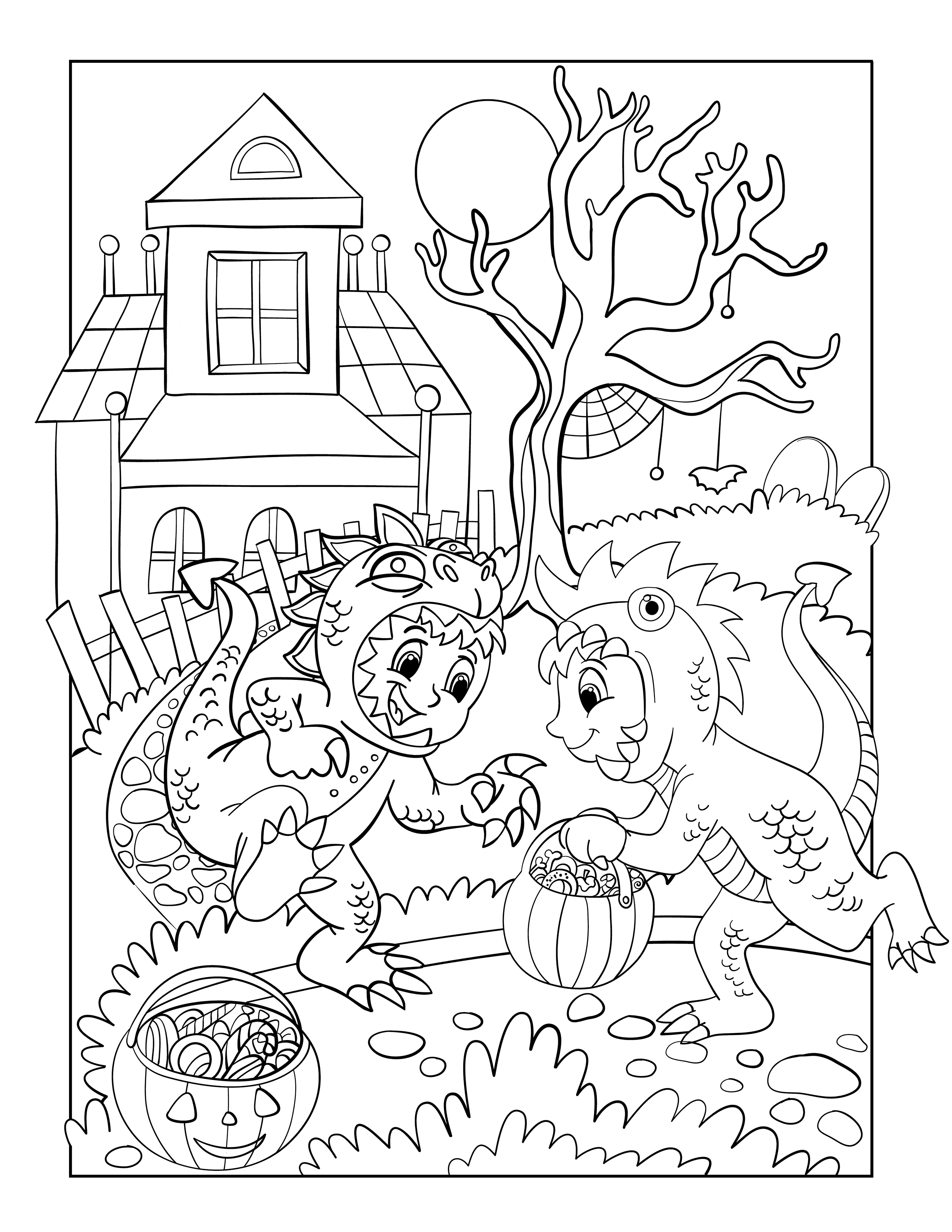 Trick or treat dinosaur costume coloring page