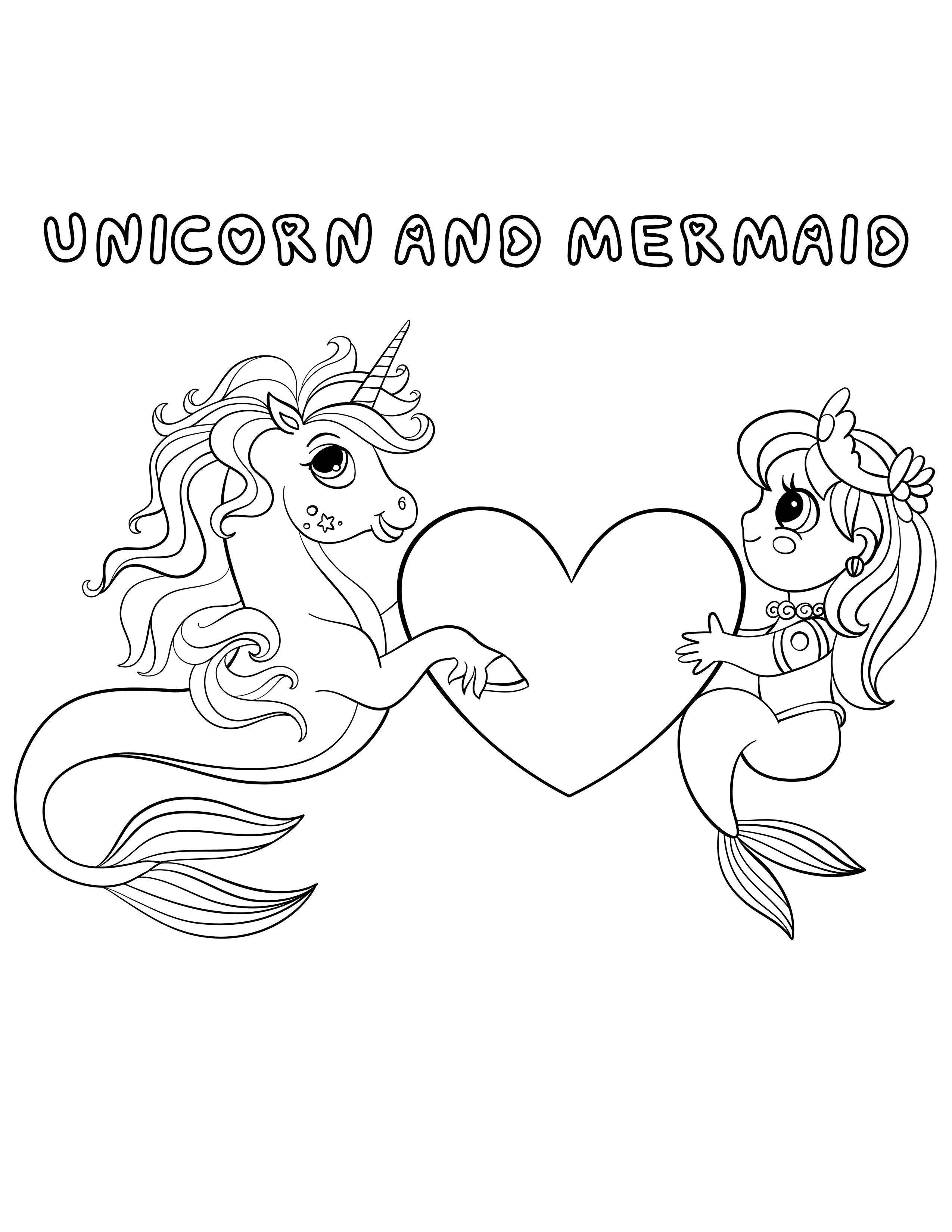 Unicorn and mermaid with heart coloring page