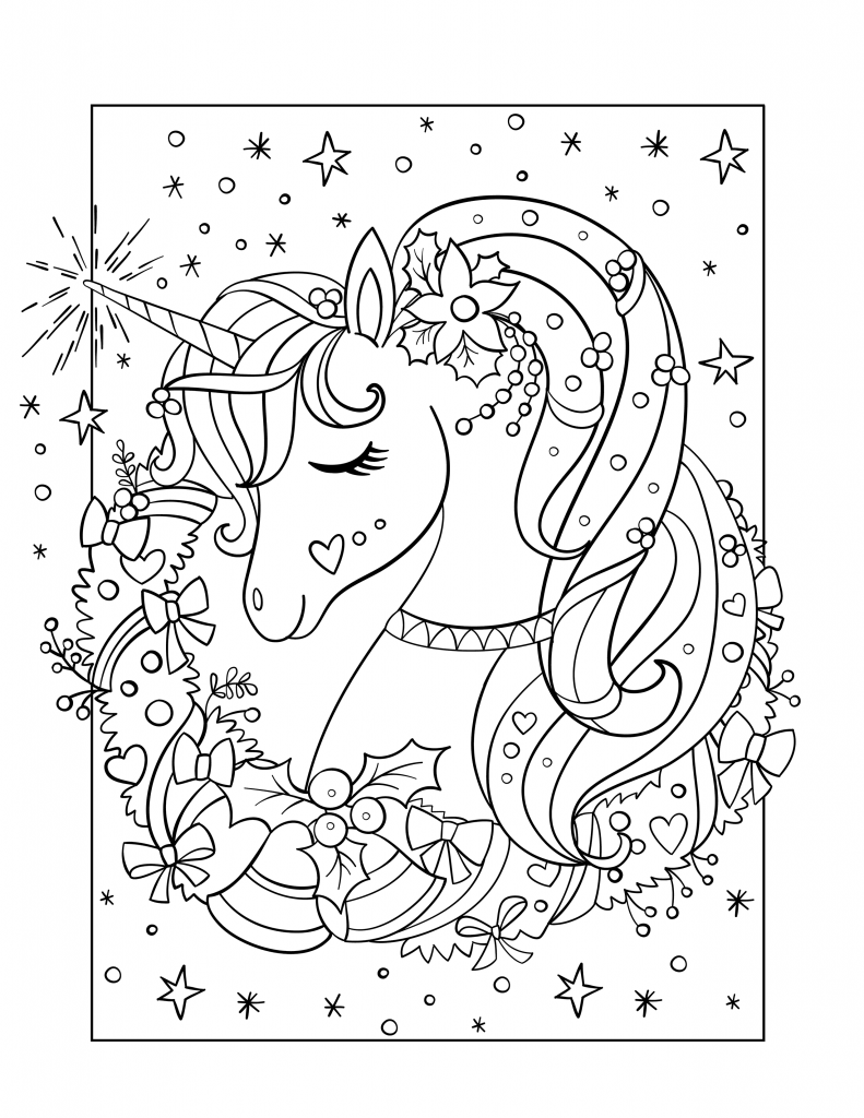 Unicorn Christmas wreath coloring page