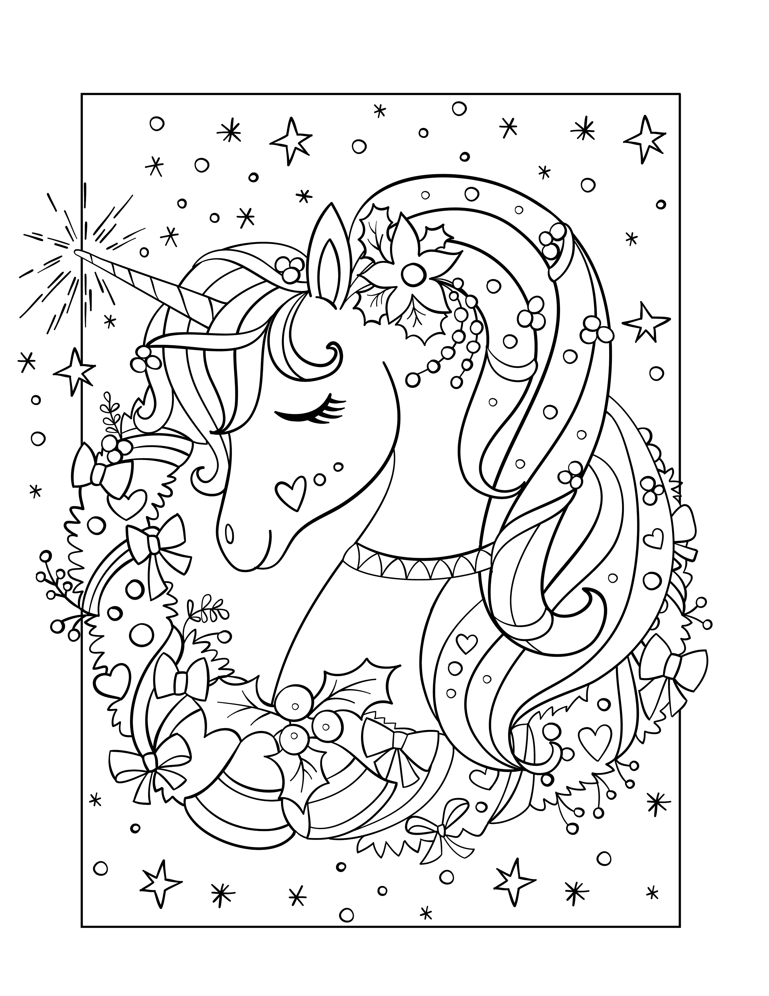 Unicorn Christmas wreath coloring page