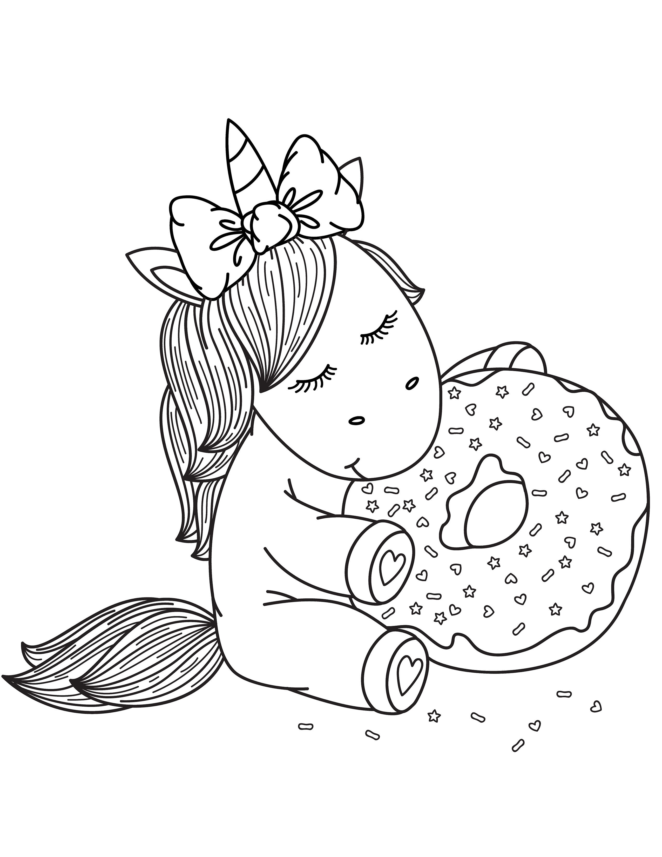 Unicorn eating donuts coloring page