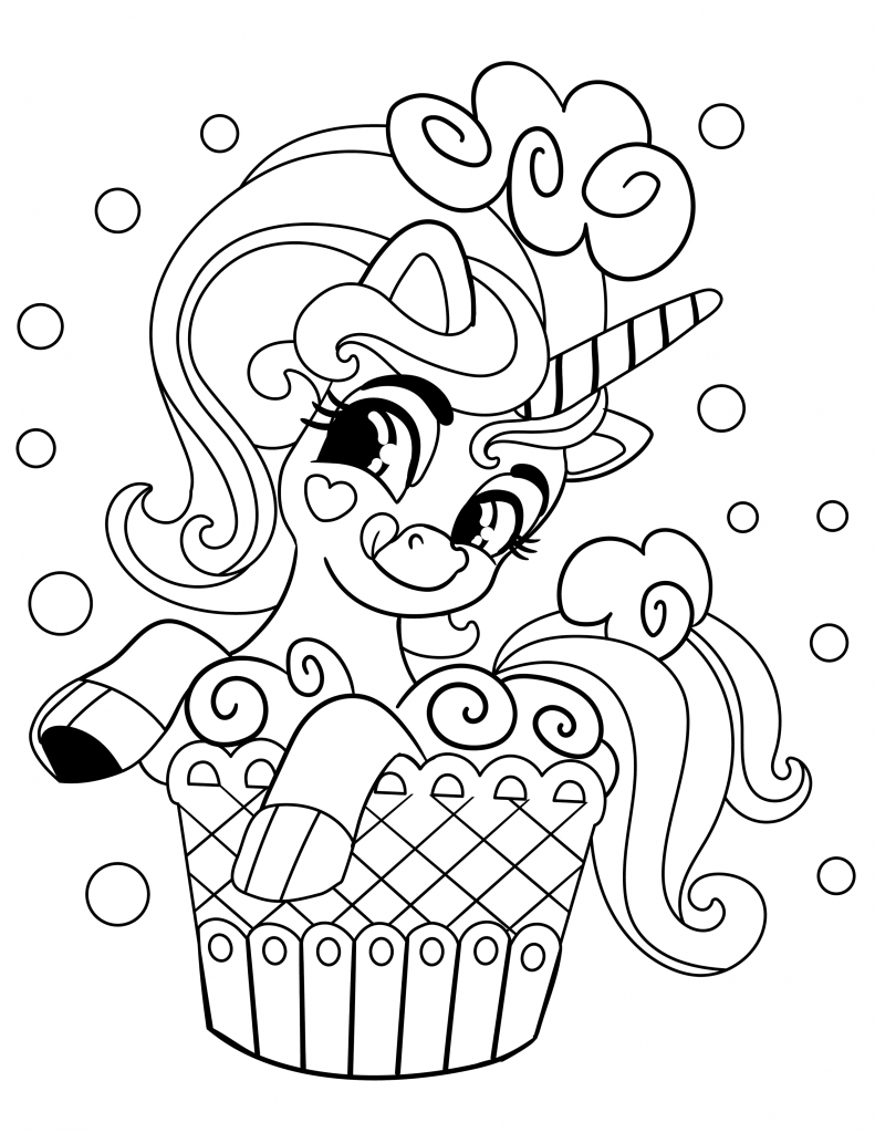 Unicorn in a cupcake coloring page