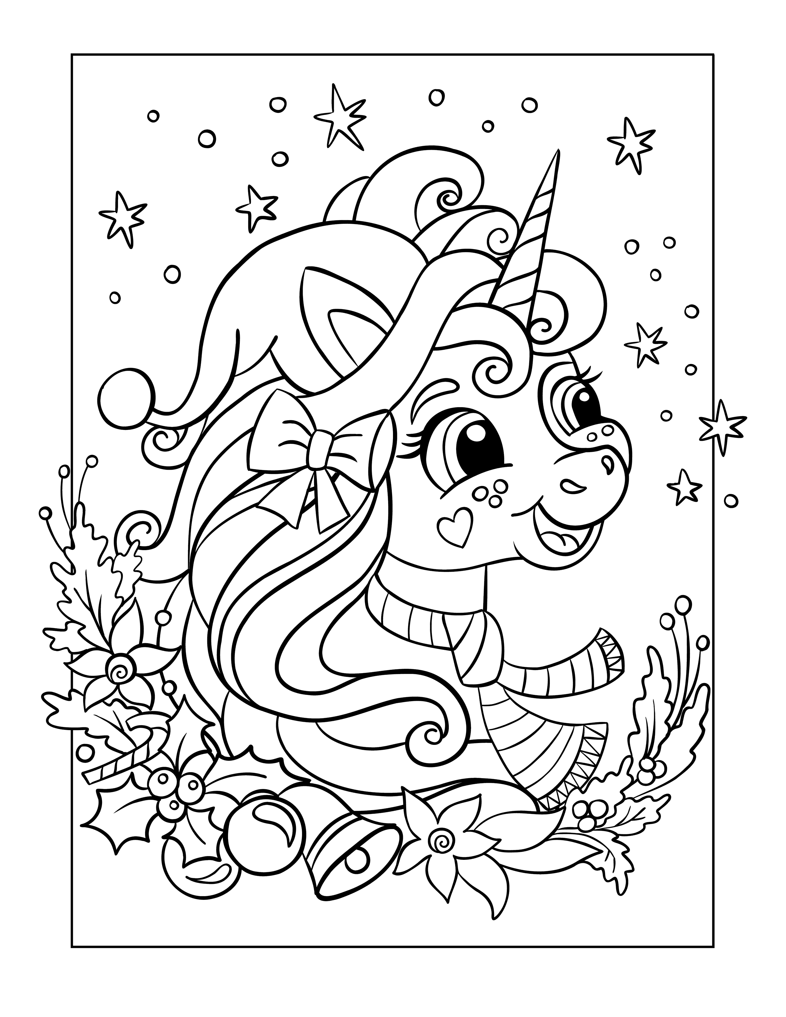 Unicorn portrait for Christmas coloring page