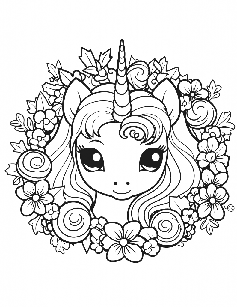 Unicorn portrait in a wreath coloring page