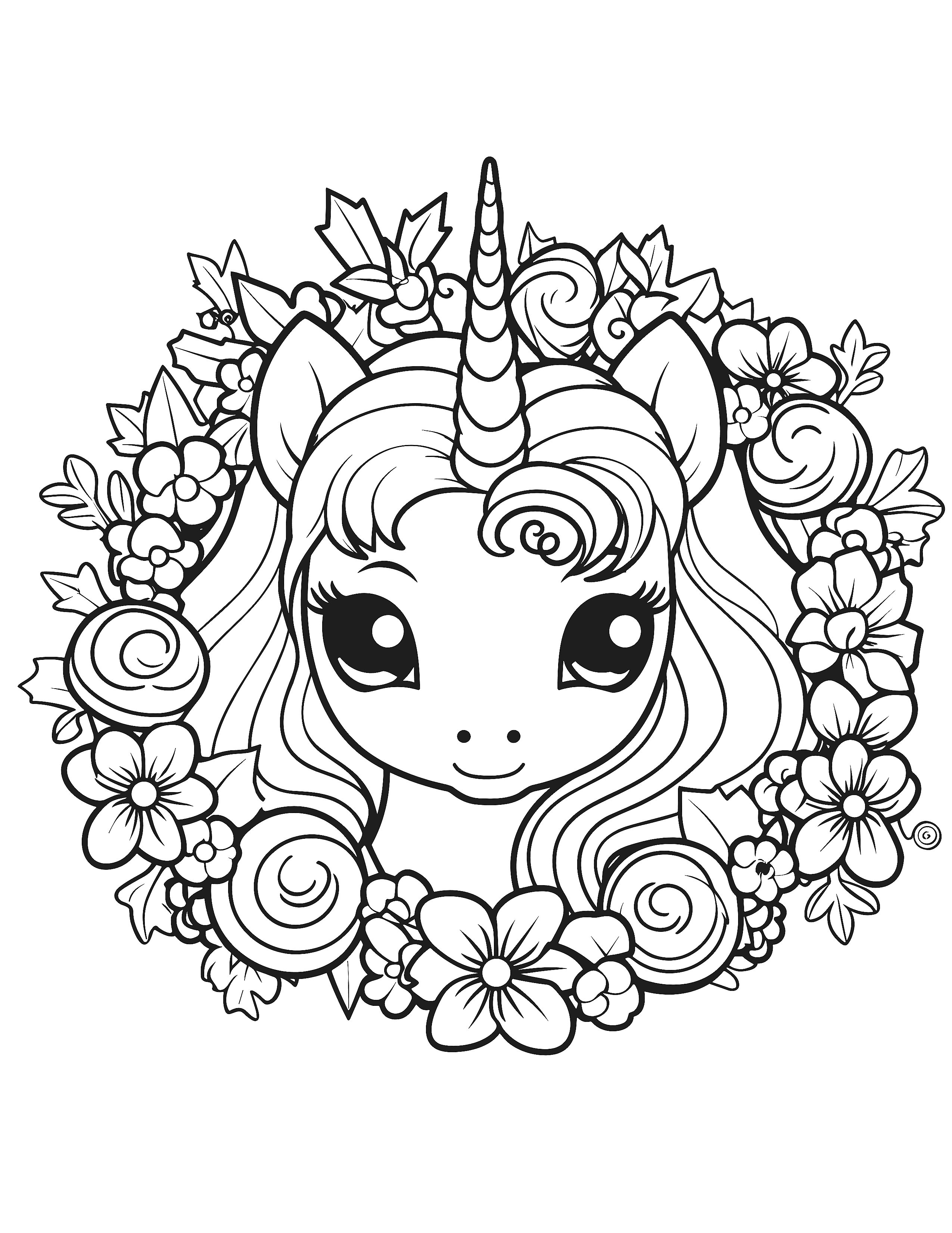 Unicorn portrait in a wreath coloring page