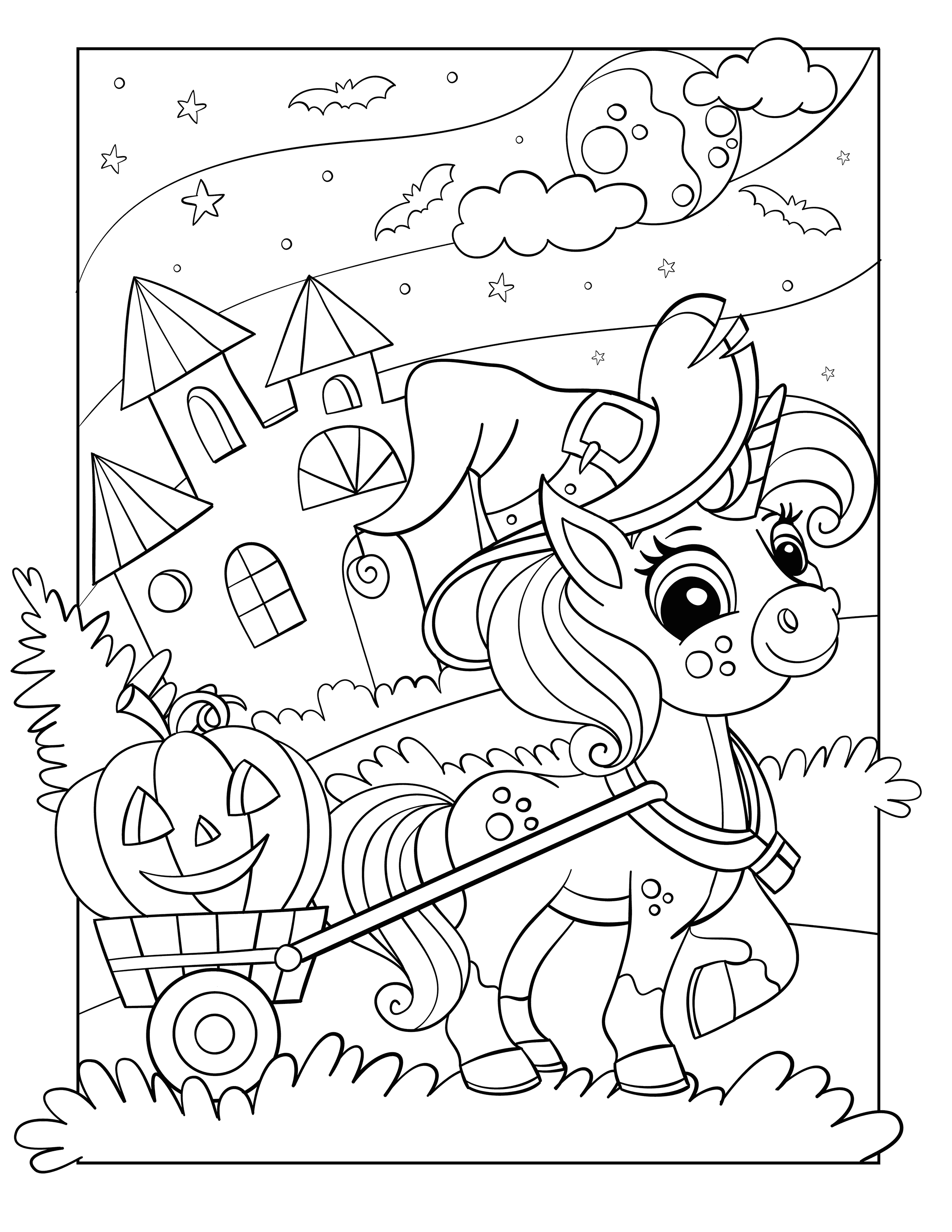 Unicorn pulling a pumpkin cart for the halloween coloring page