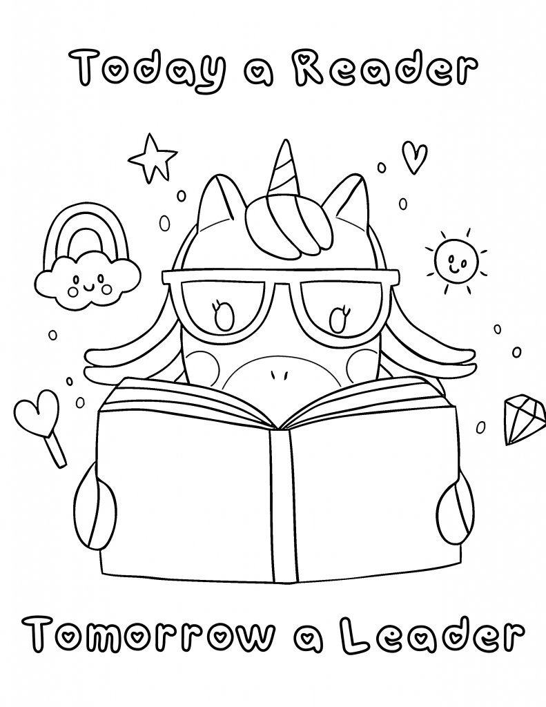 Unicorn reading a book coloring page