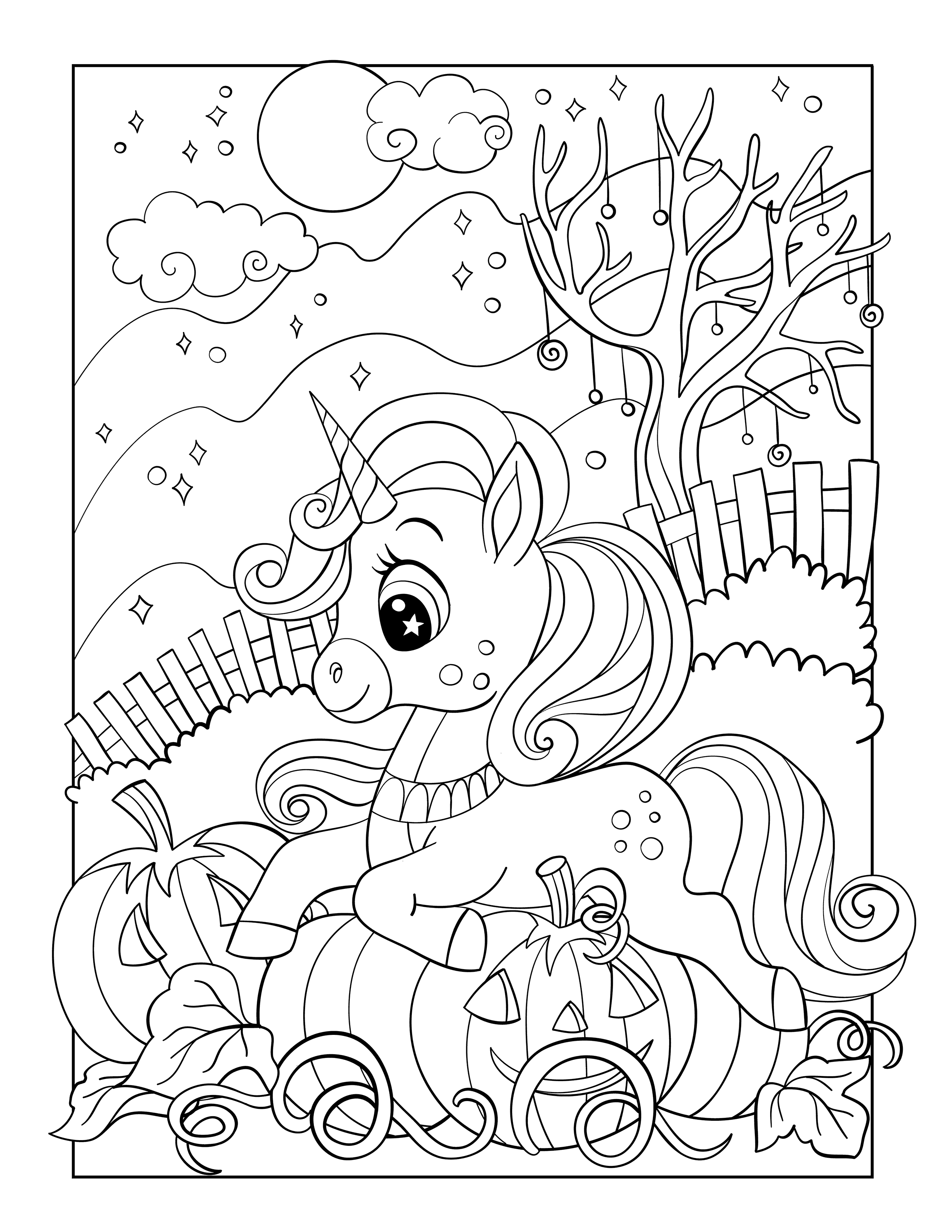 Unicorn with pumpkin lanterns coloring page